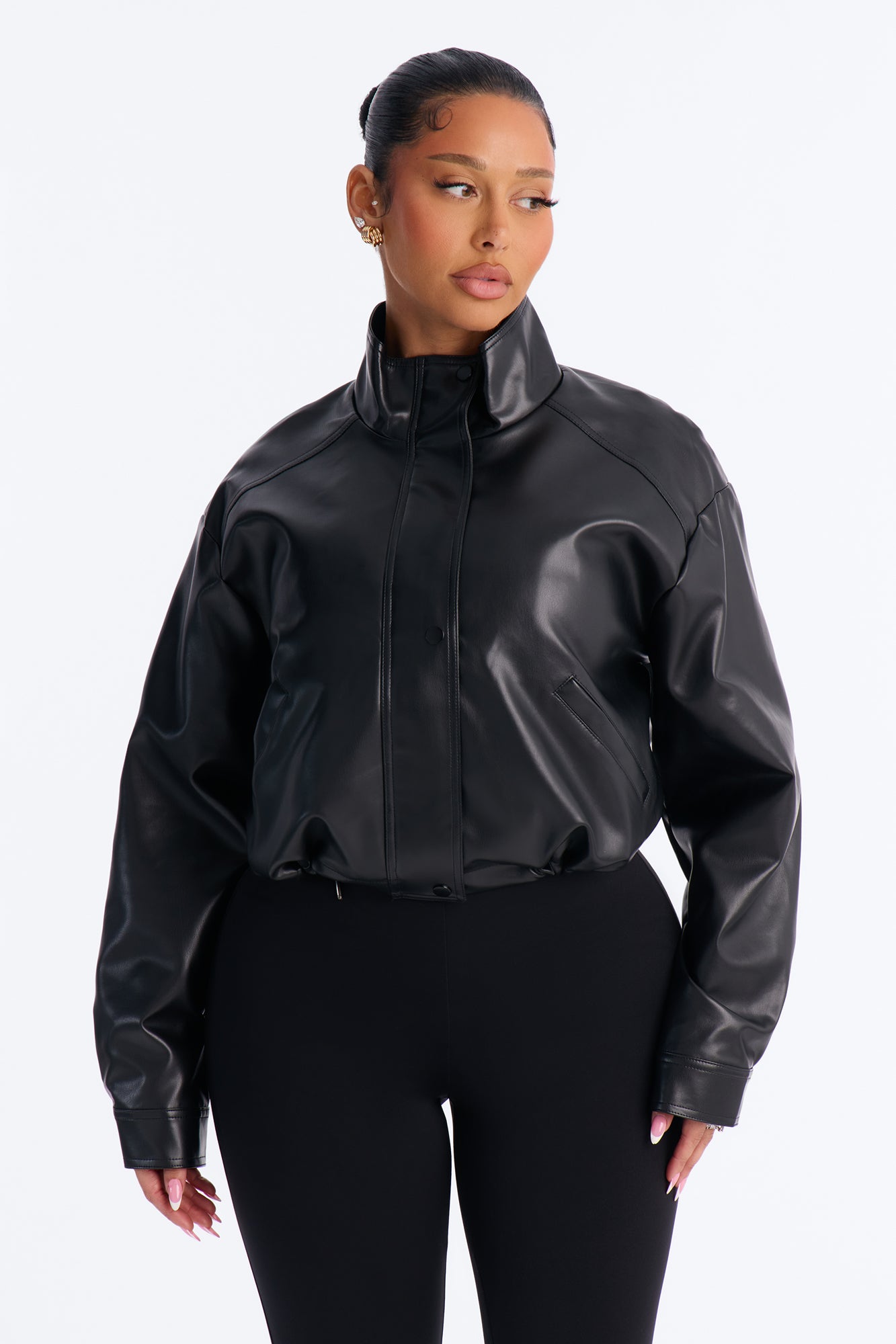 Francesca Faux Leather Funnel Neck Bomber Jacket - Black