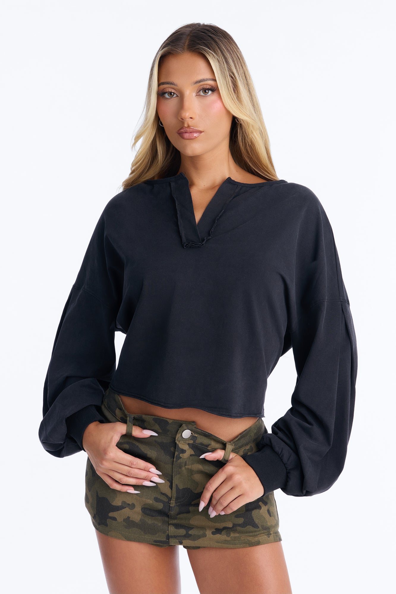 Lucy Washed Boxy Long Sleeve Top - Black