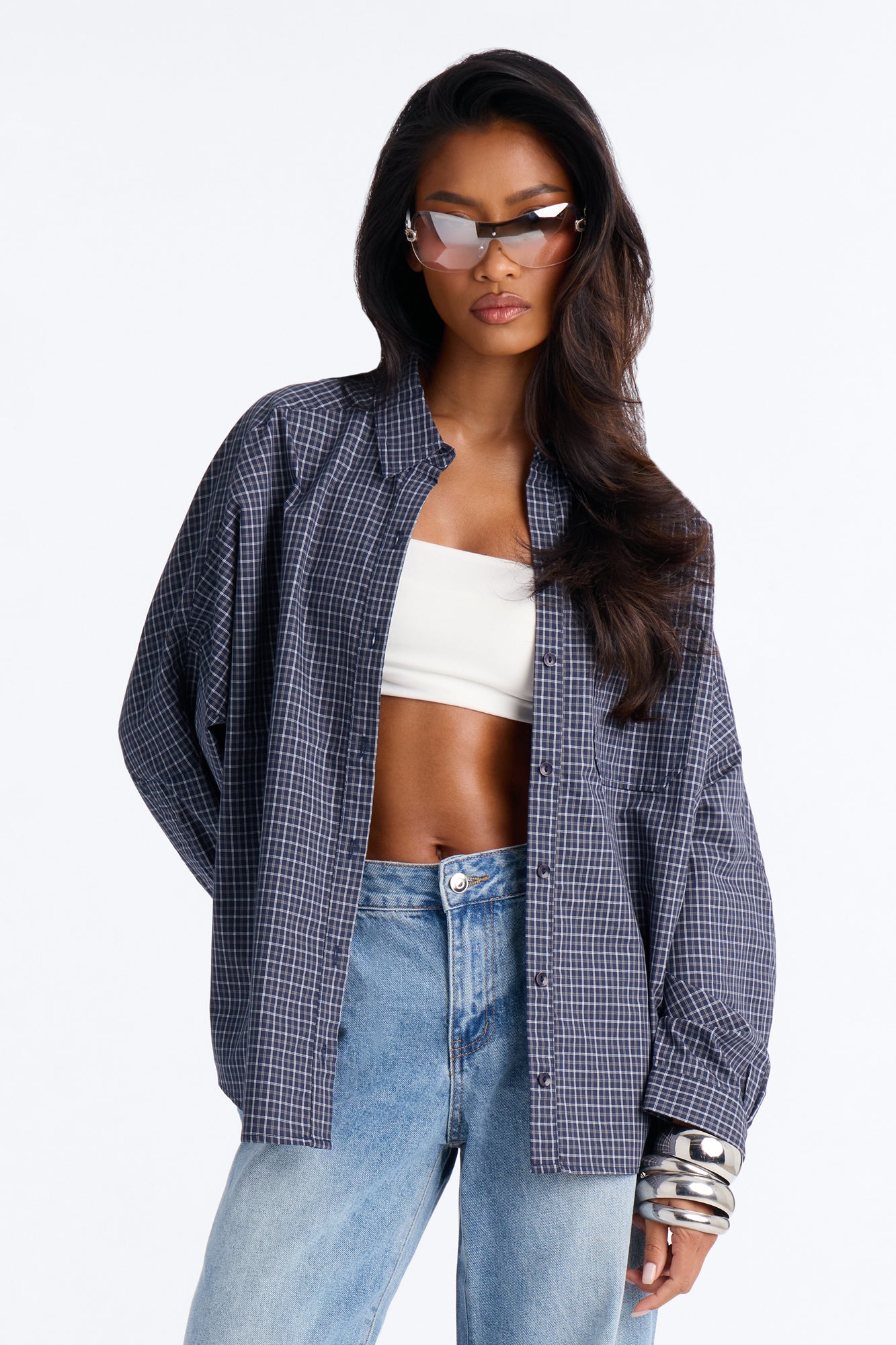 Amanza Plaid Poplin Long Sleeve Shirt - Navy/combo