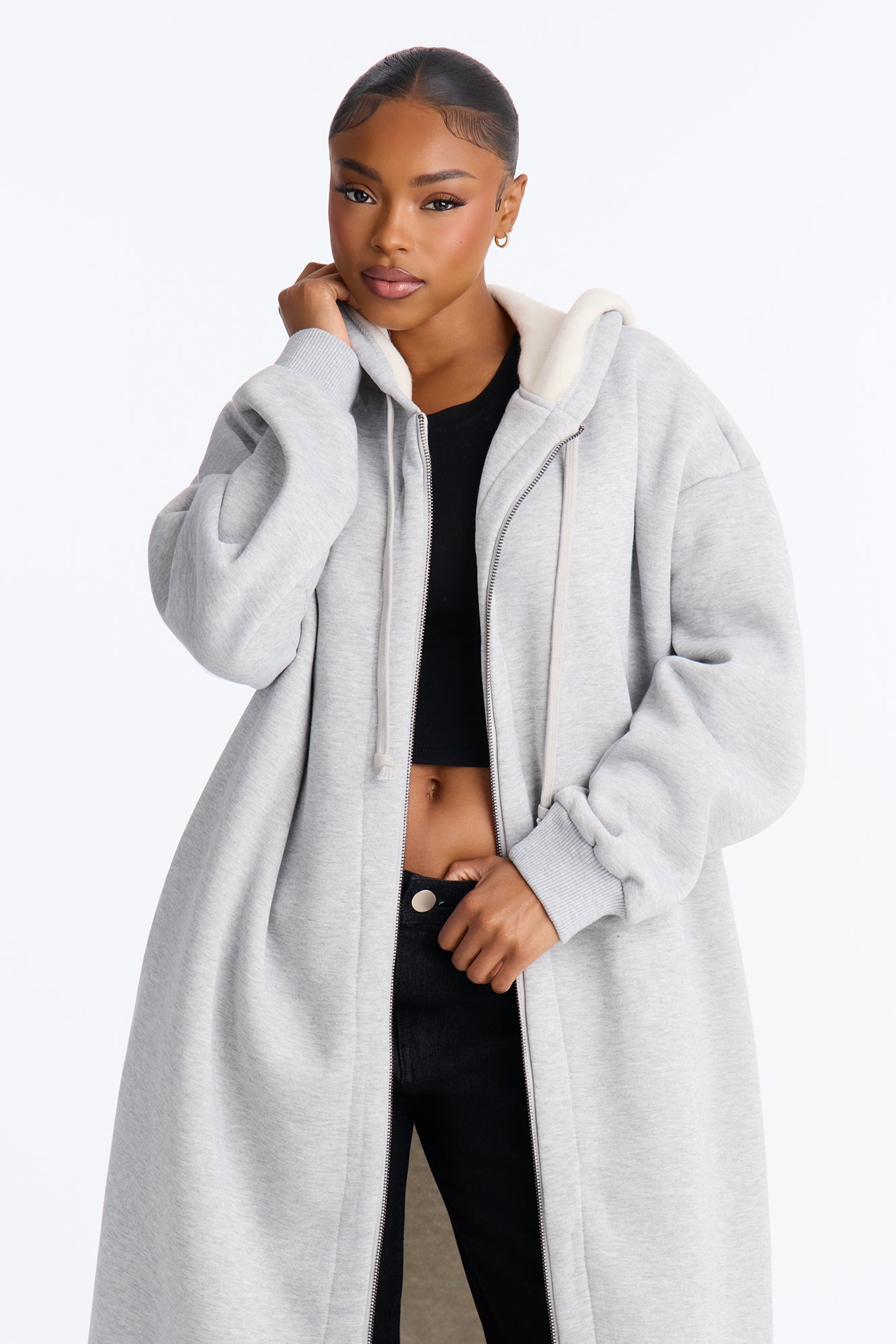 Sunday Lounge Fleece Hooded Long Jacket - Heather Grey