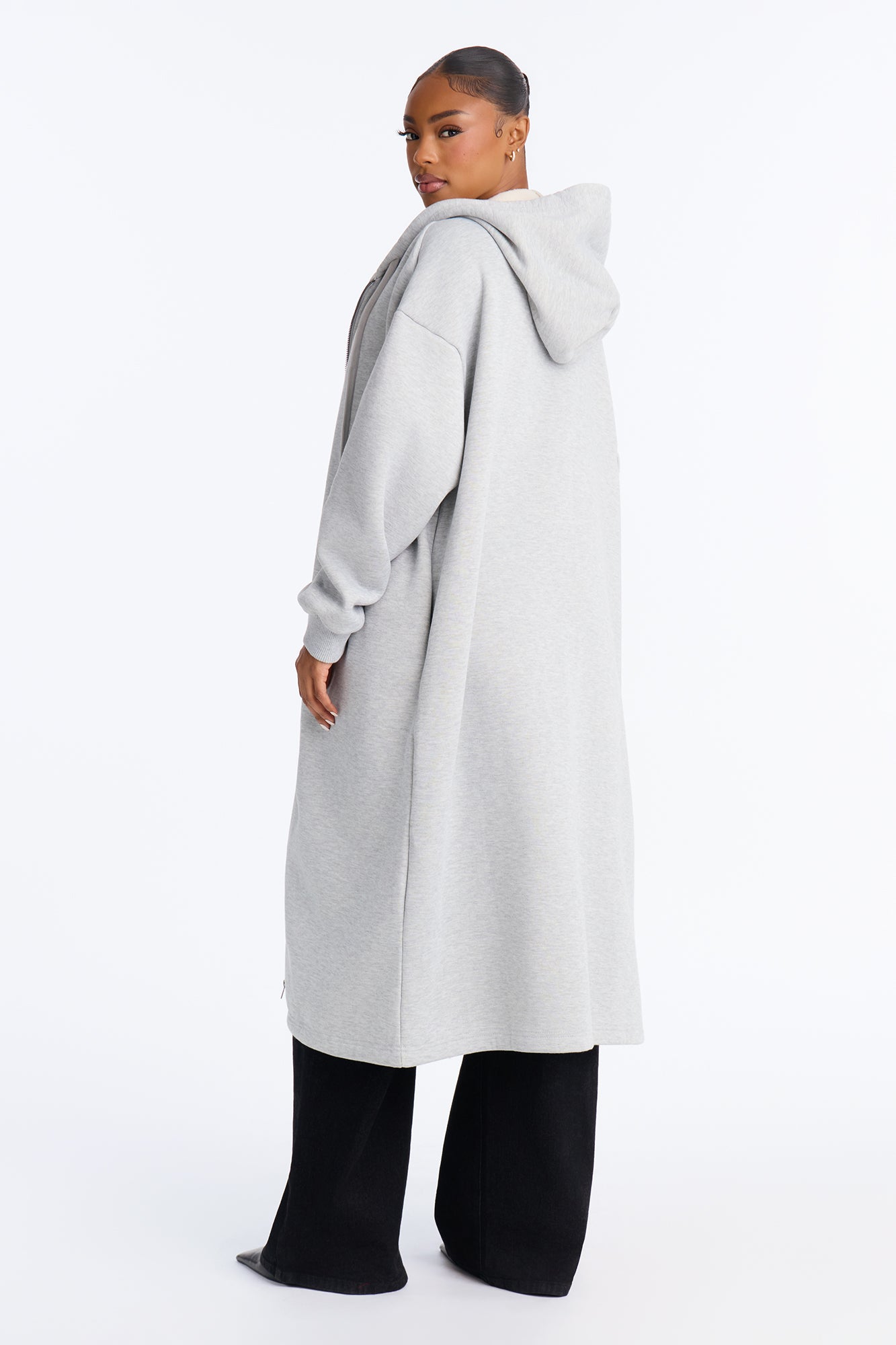 Sunday Lounge Fleece Hooded Long Jacket - Heather Grey