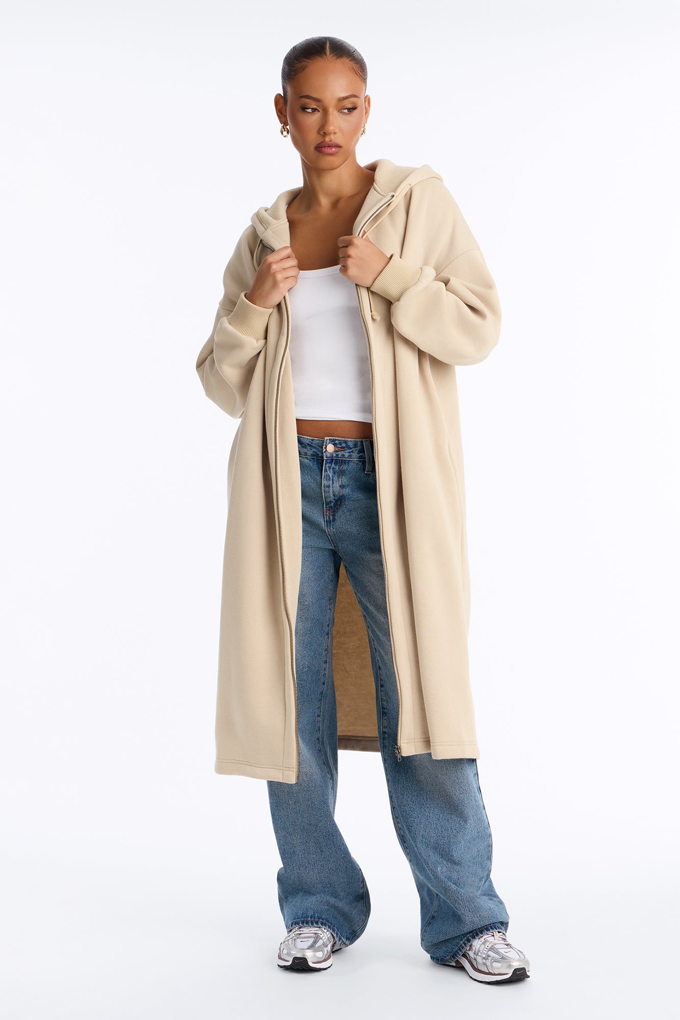 Sunday Lounge Fleece Hooded Long Jacket - Taupe