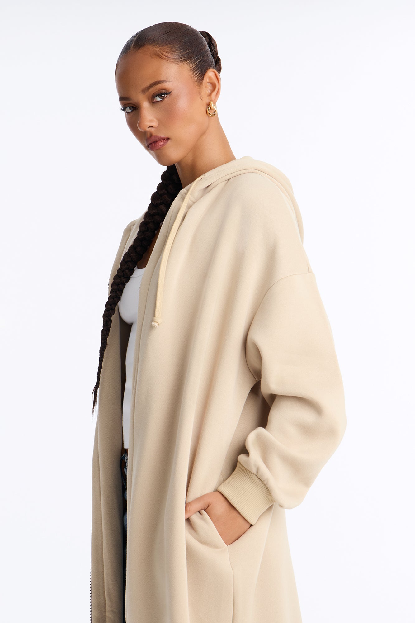 Sunday Lounge Fleece Hooded Long Jacket - Taupe