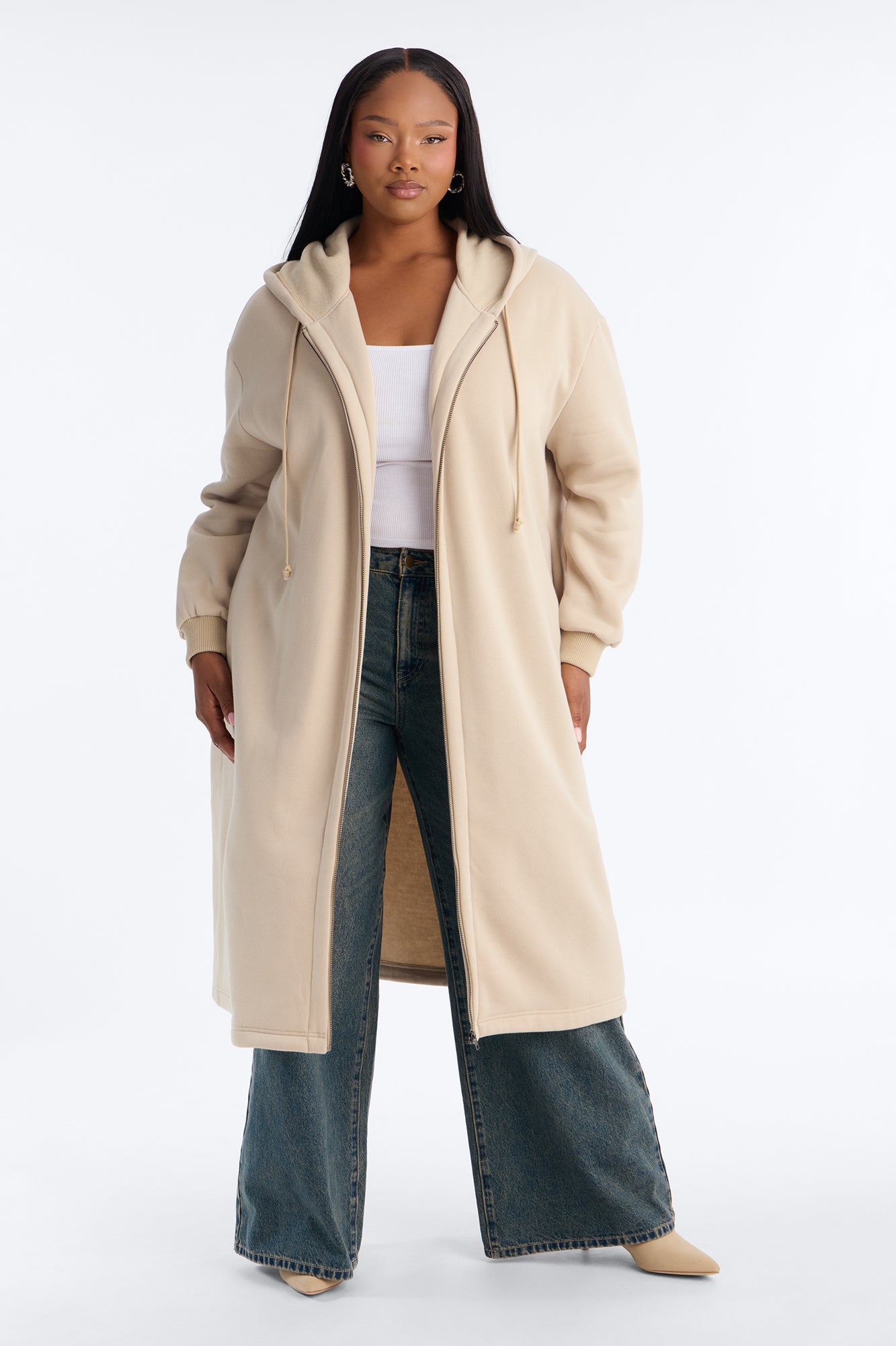 Sunday Lounge Fleece Hooded Long Jacket - Taupe