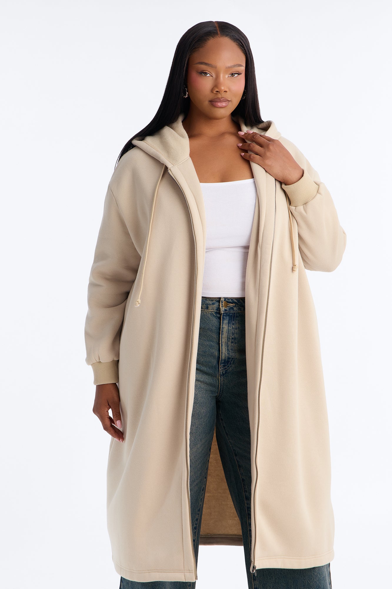 Sunday Lounge Fleece Hooded Long Jacket - Taupe
