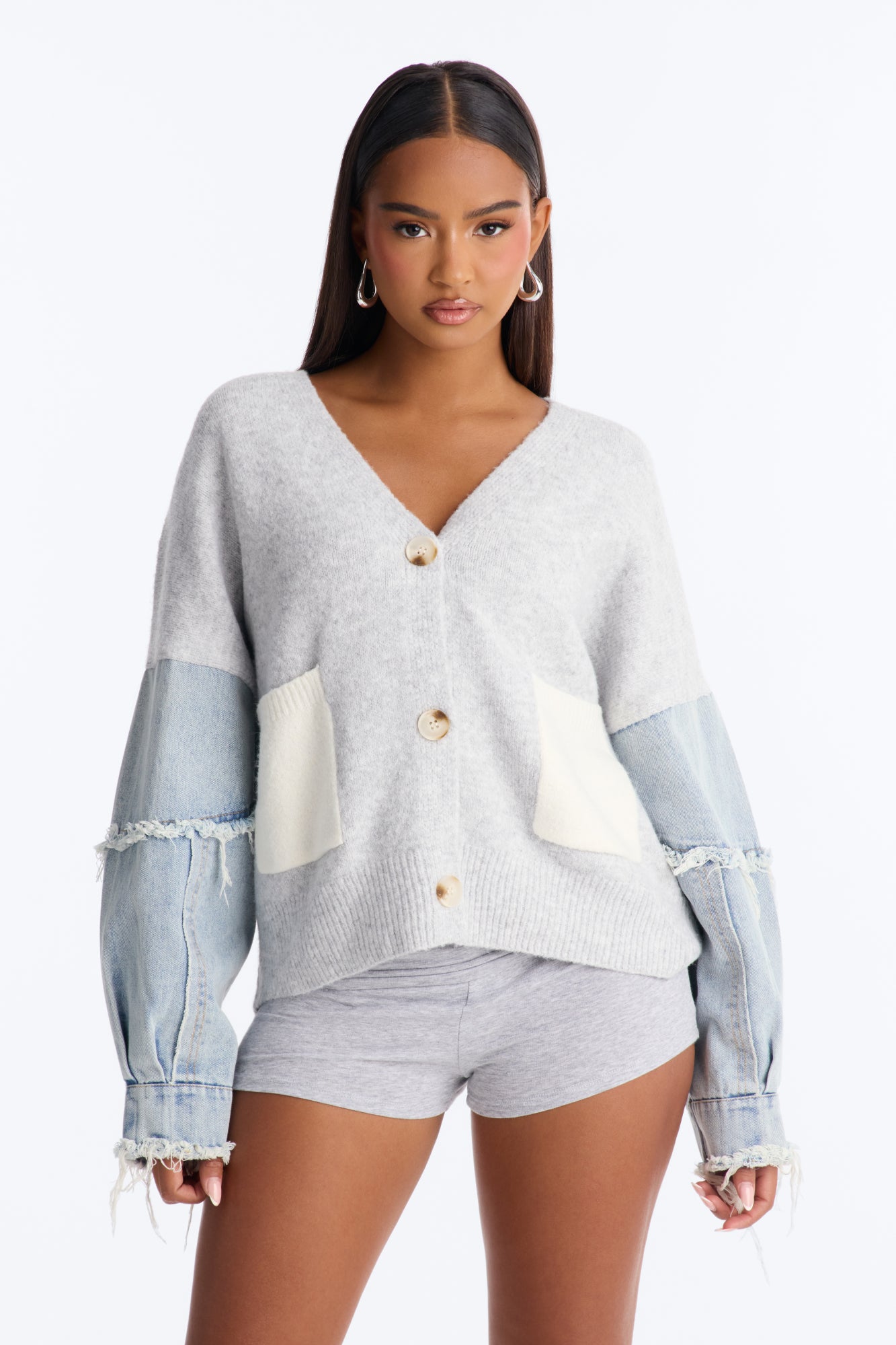 Not The Same Denim Contrast Cardigan - Grey