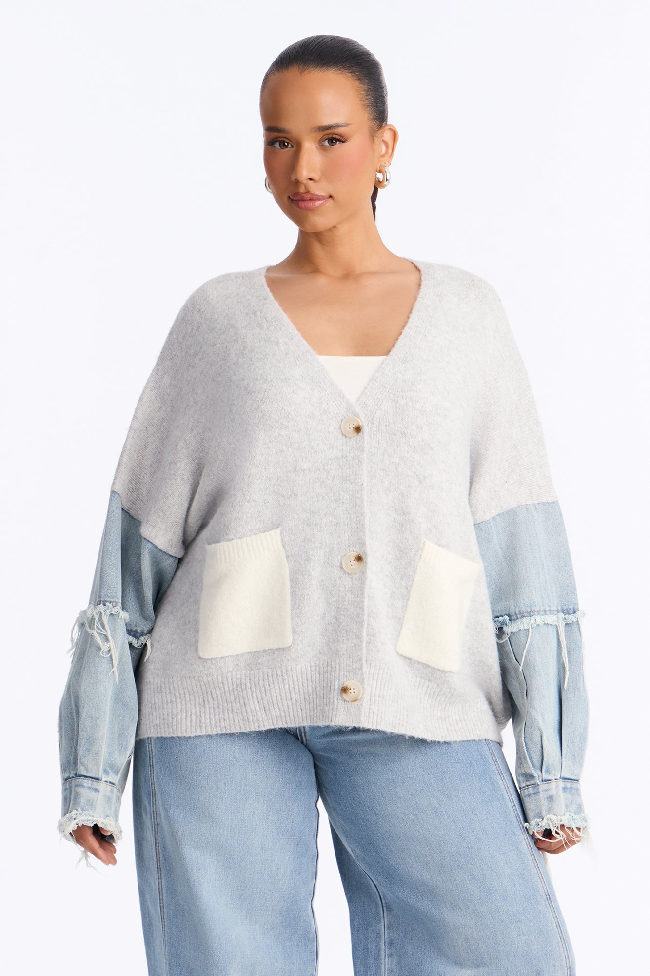 Not The Same Denim Contrast Cardigan - Grey