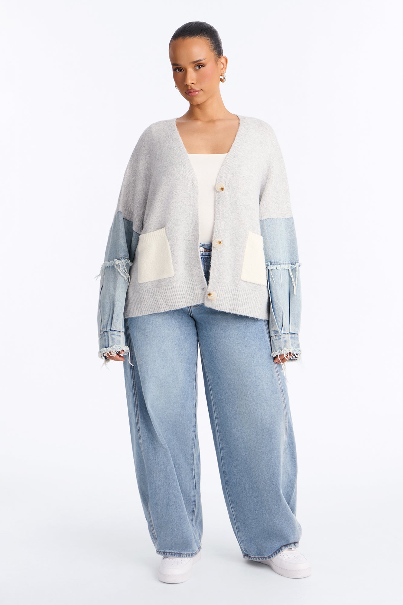 Not The Same Denim Contrast Cardigan - Grey