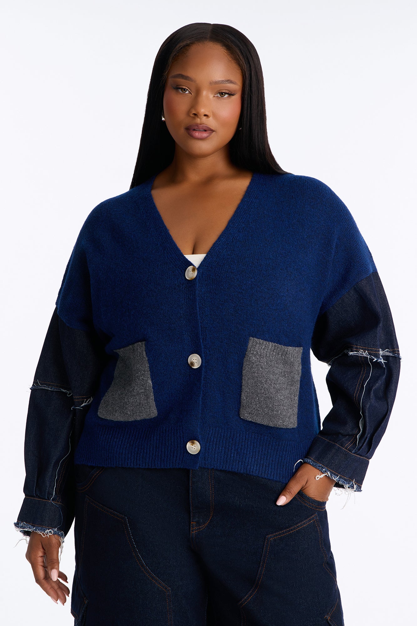 Not The Same Denim Contrast Cardigan - Navy