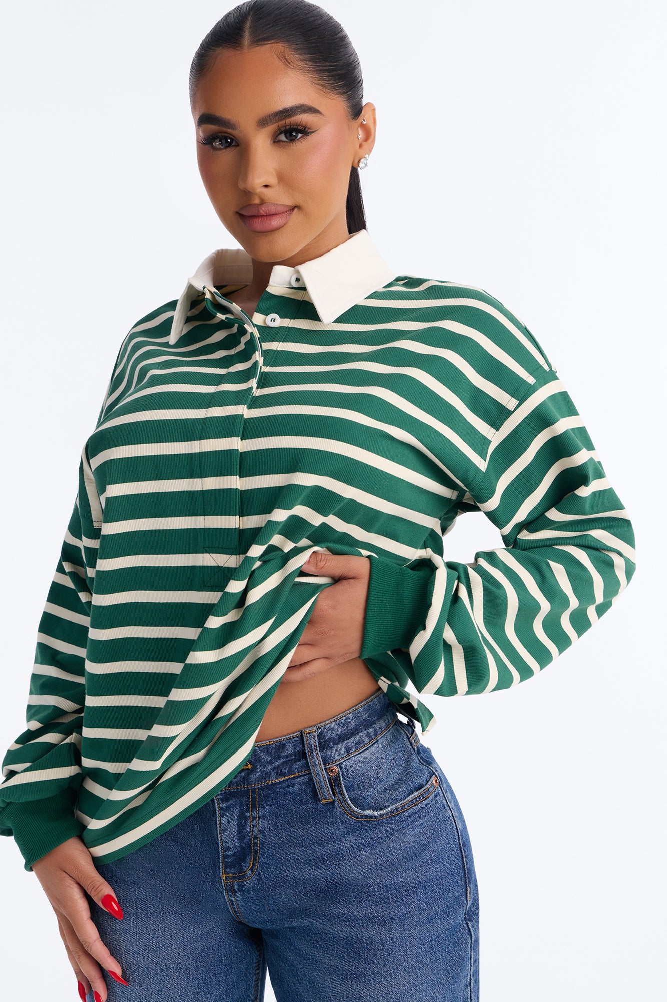 In His Striped Oversized Long Sleeve Polo Top - Green/combo