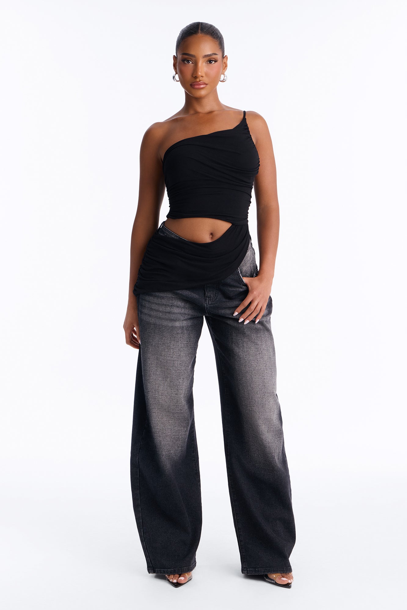 Sierra Ruched One Shoulder Drape Top - Black