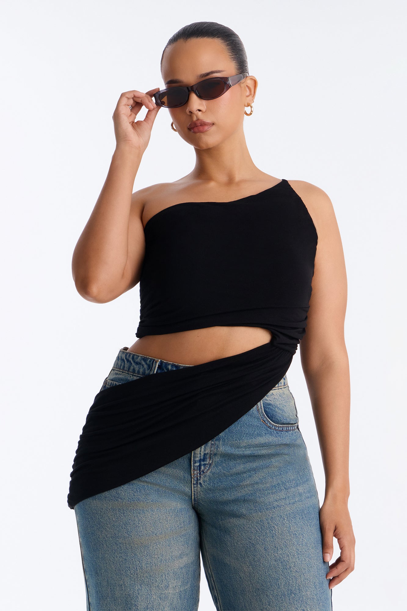 Sierra Ruched One Shoulder Drape Top - Black