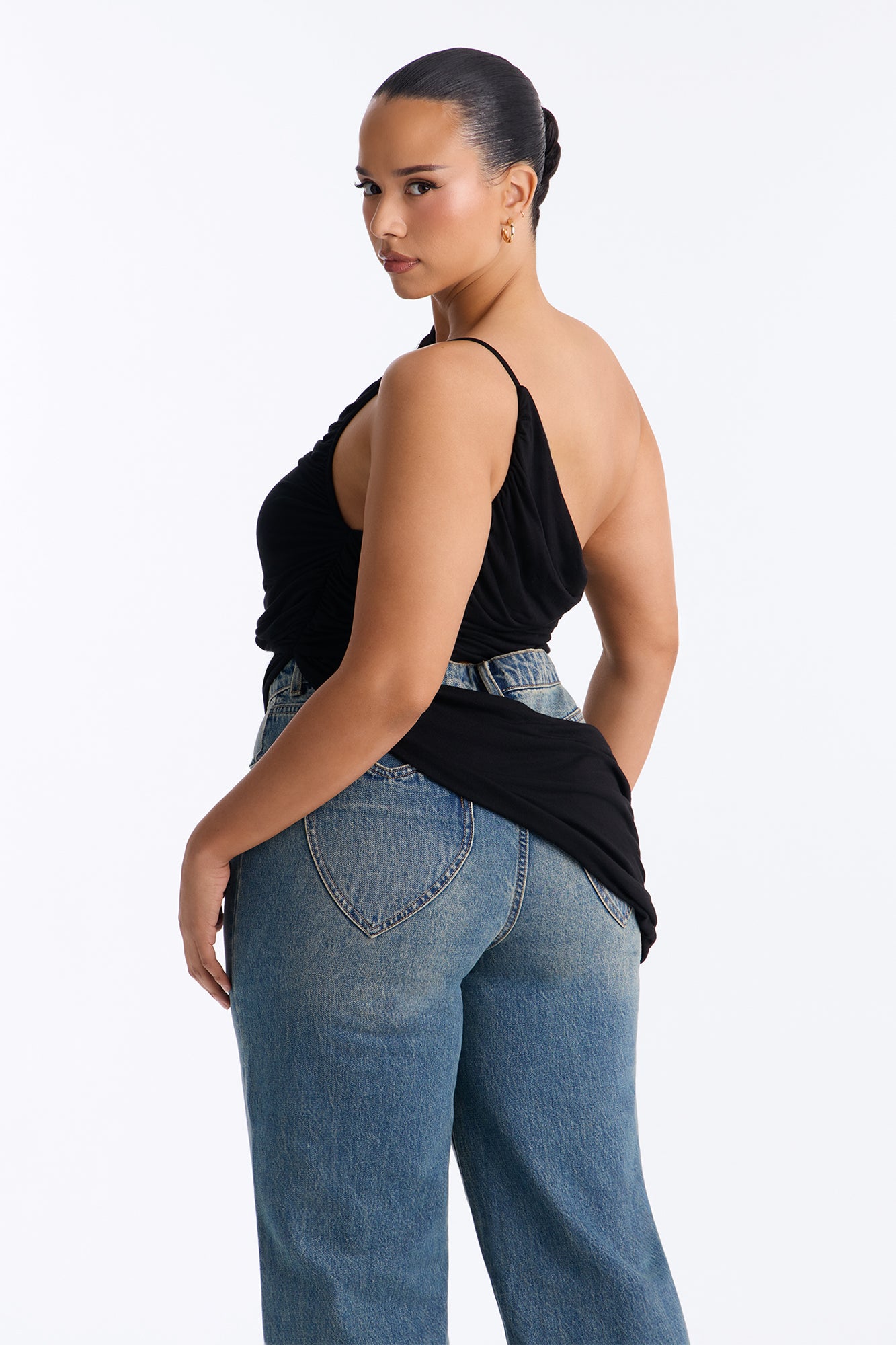 Sierra Ruched One Shoulder Drape Top - Black