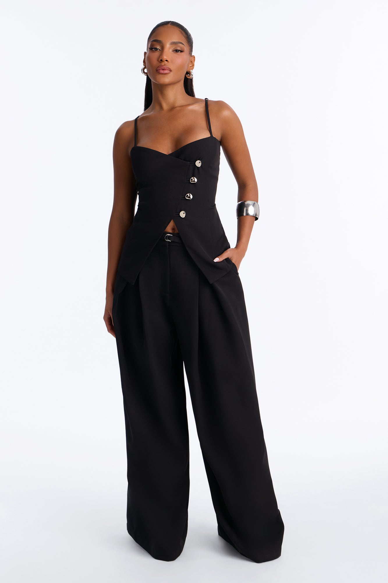 Chantel Belted Vest Pant Set - Black