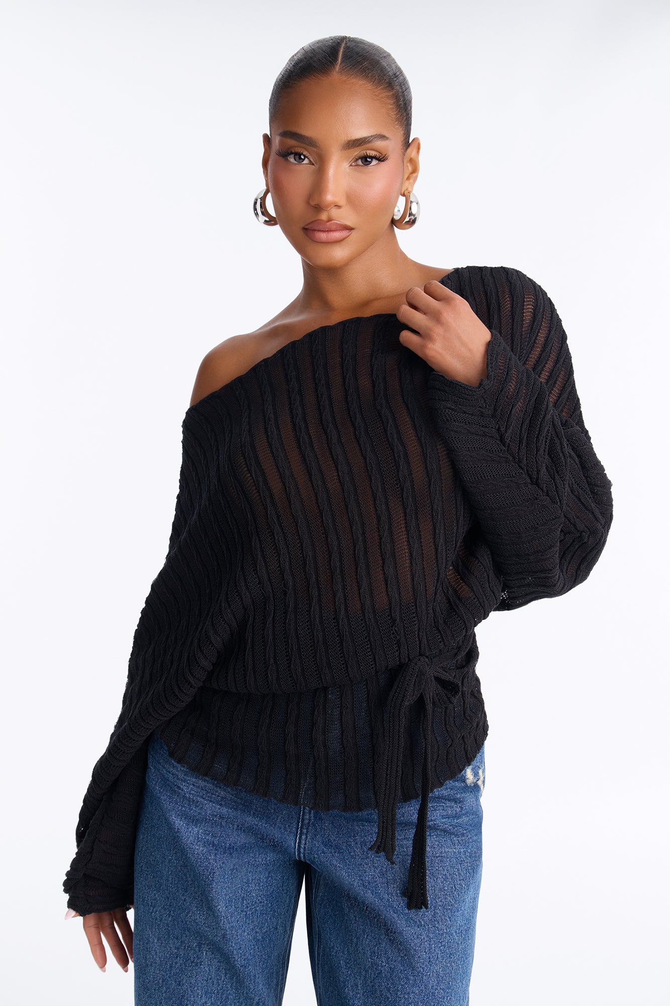 Silent Romance Tie Waist Pullover Sweater - Black