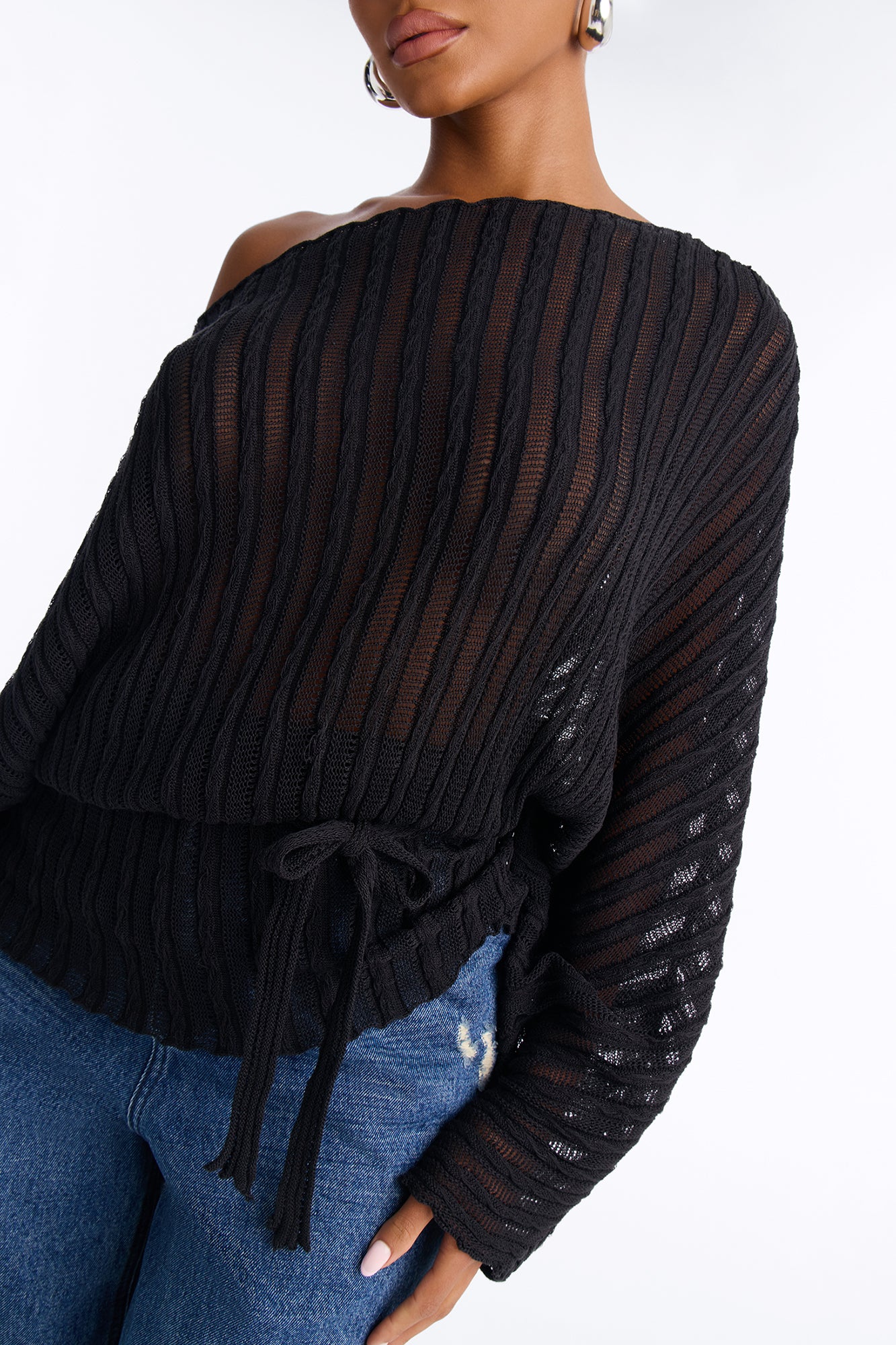 Silent Romance Tie Waist Pullover Sweater - Black