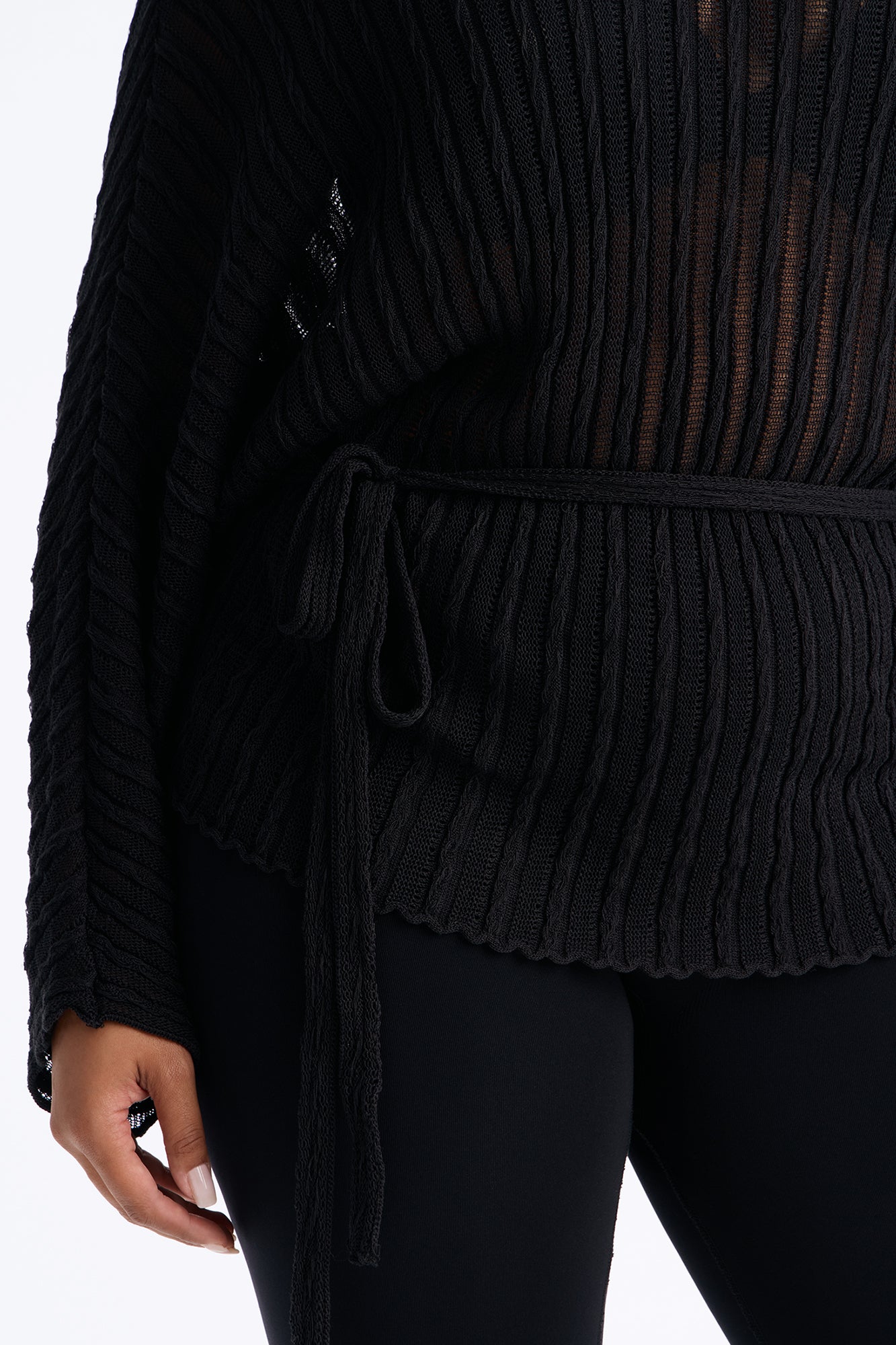 Silent Romance Tie Waist Pullover Sweater - Black