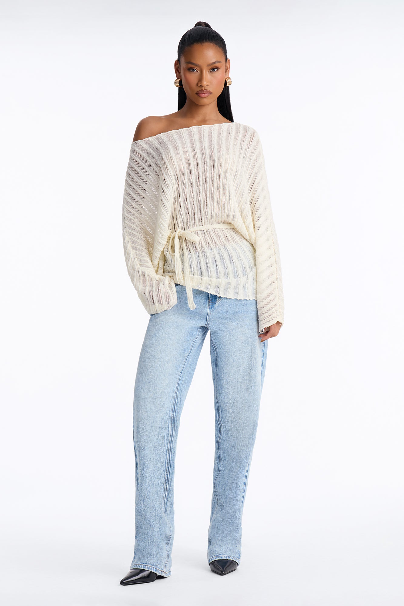 Silent Romance Tie Waist Pullover Sweater - Cream