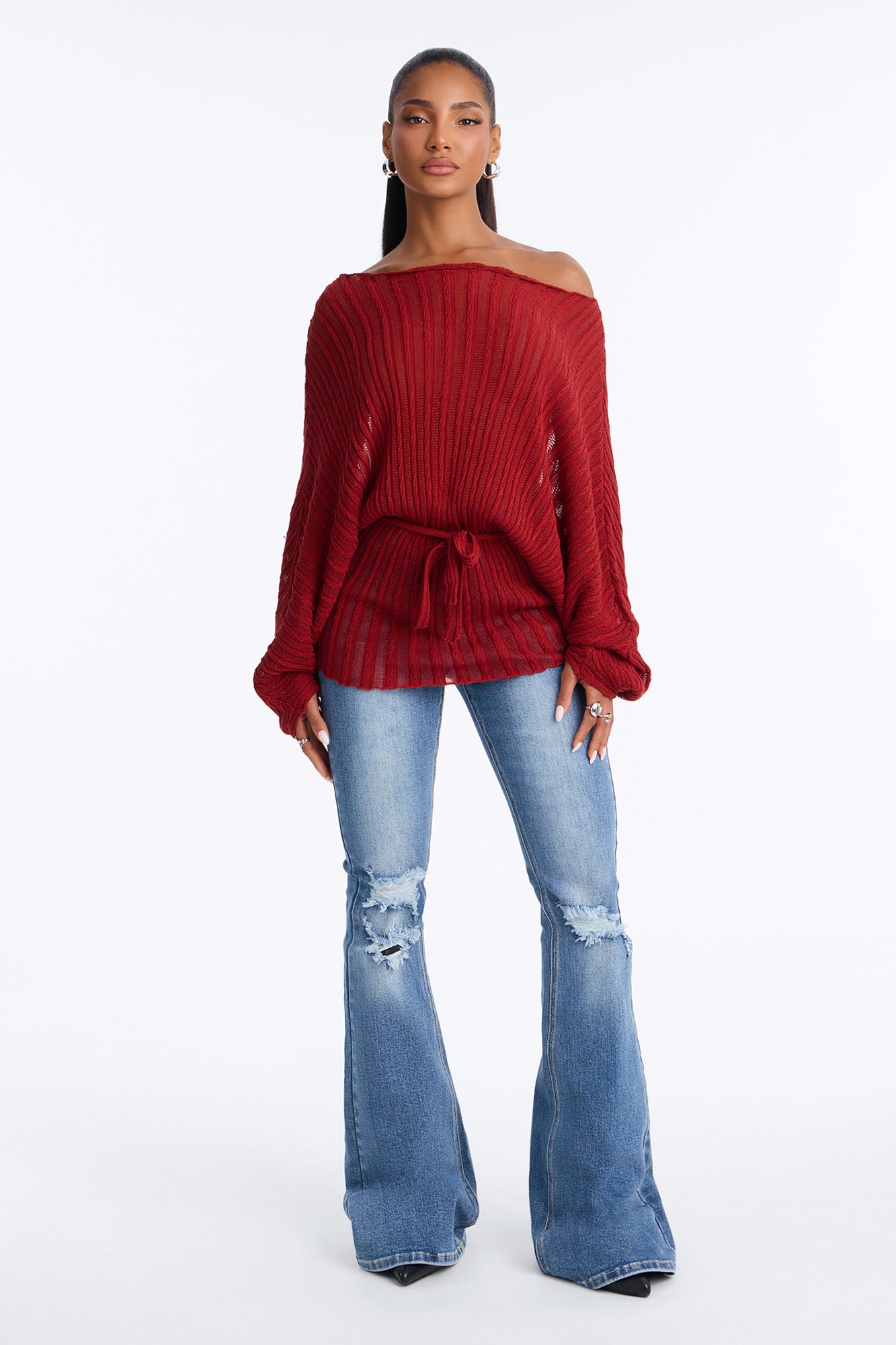 Silent Romance Tie Waist Pullover Sweater - Rust