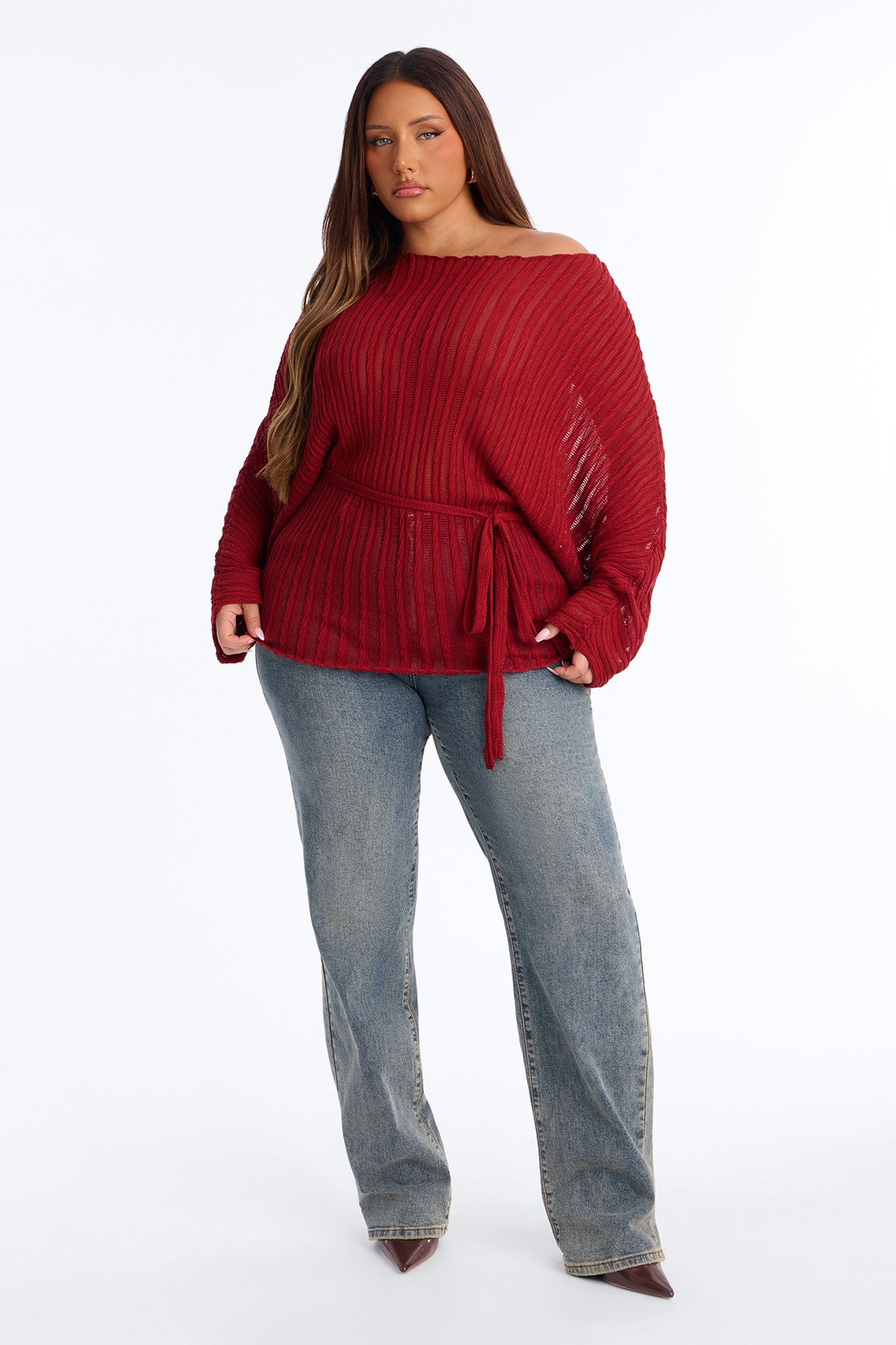 Silent Romance Tie Waist Pullover Sweater - Rust