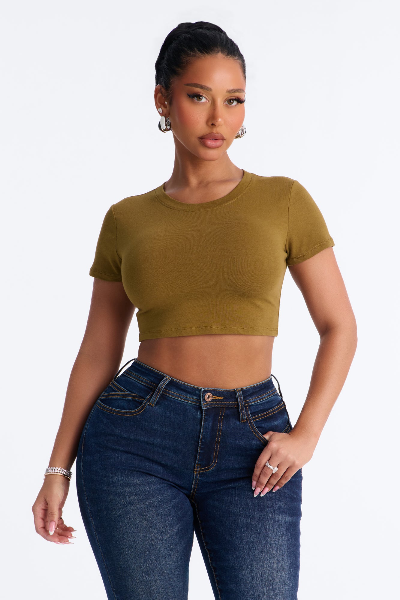 Janice Super Cropped Crew Neck Baby Tee - Olive