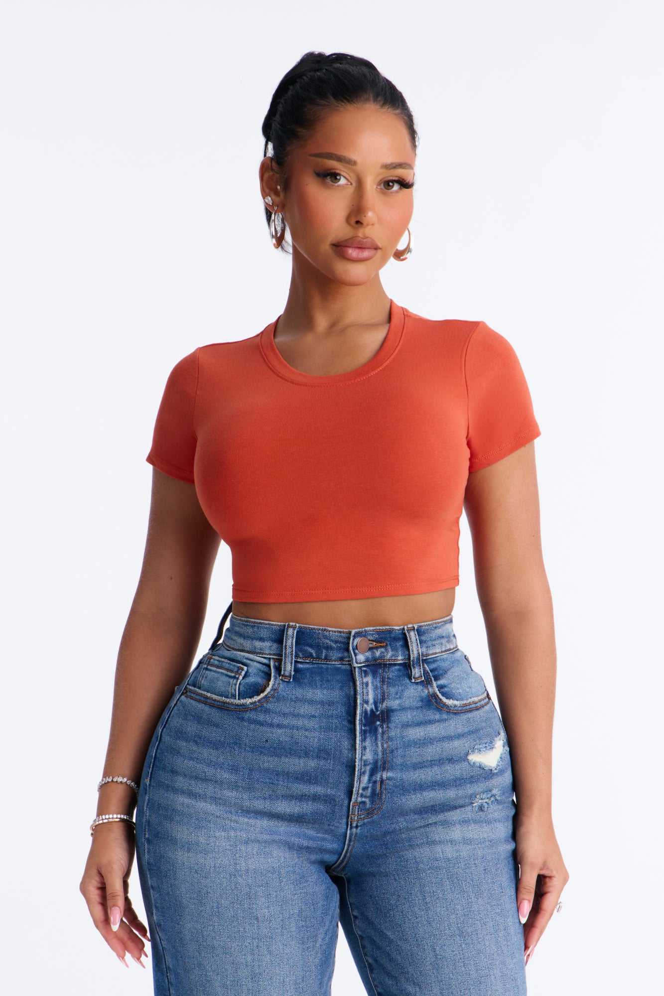 Janice Super Cropped Crew Neck Baby Tee - Orange