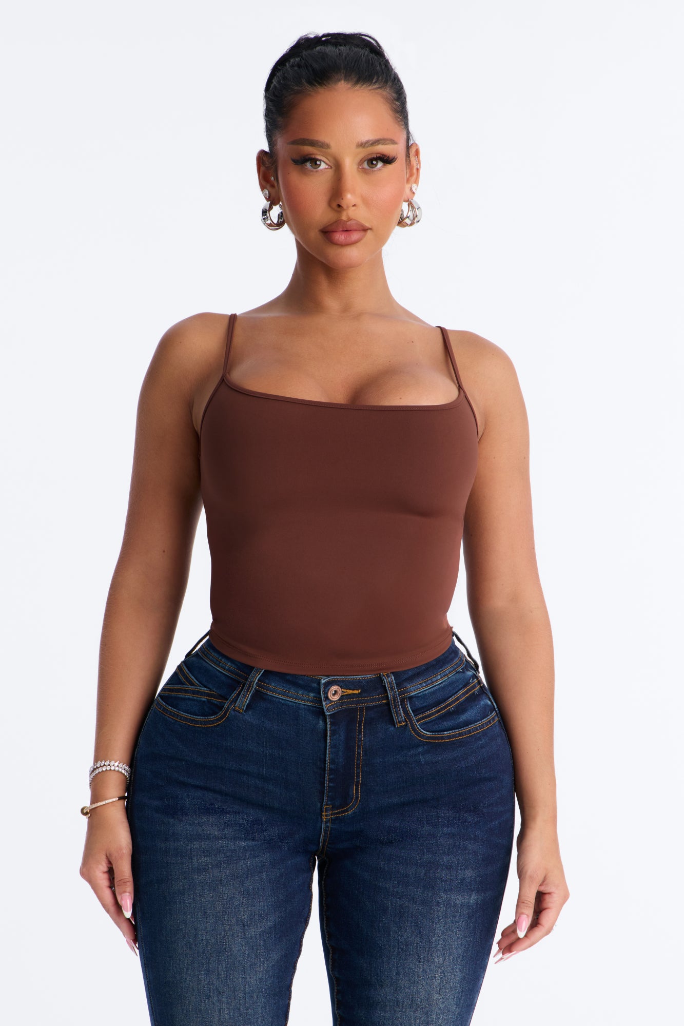 On The Go Spaghetti Strap Tank Top - Brown
