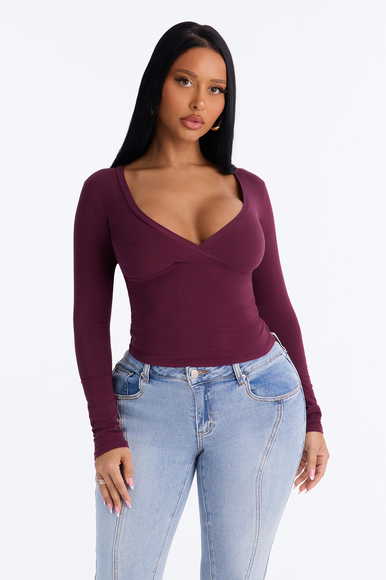Mila Surplice Long Sleeve Top - Burgundy