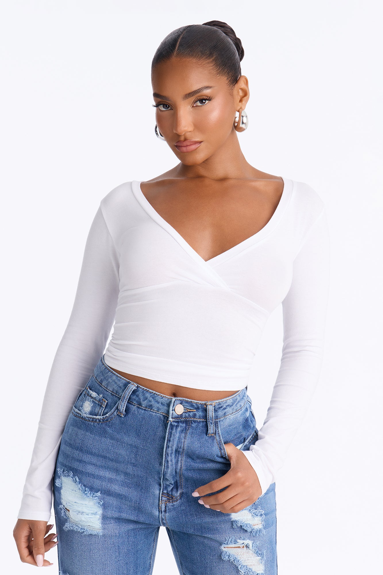 Mila Surplice Long Sleeve Top - White