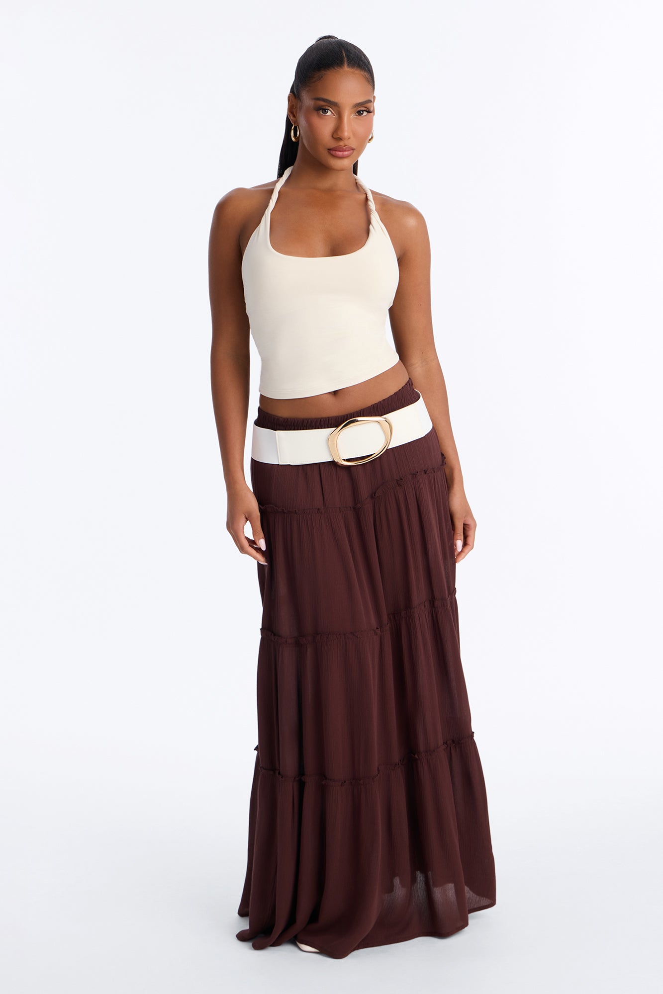 Holly Mid Rise Tiered Maxi Skirt - Chocolate