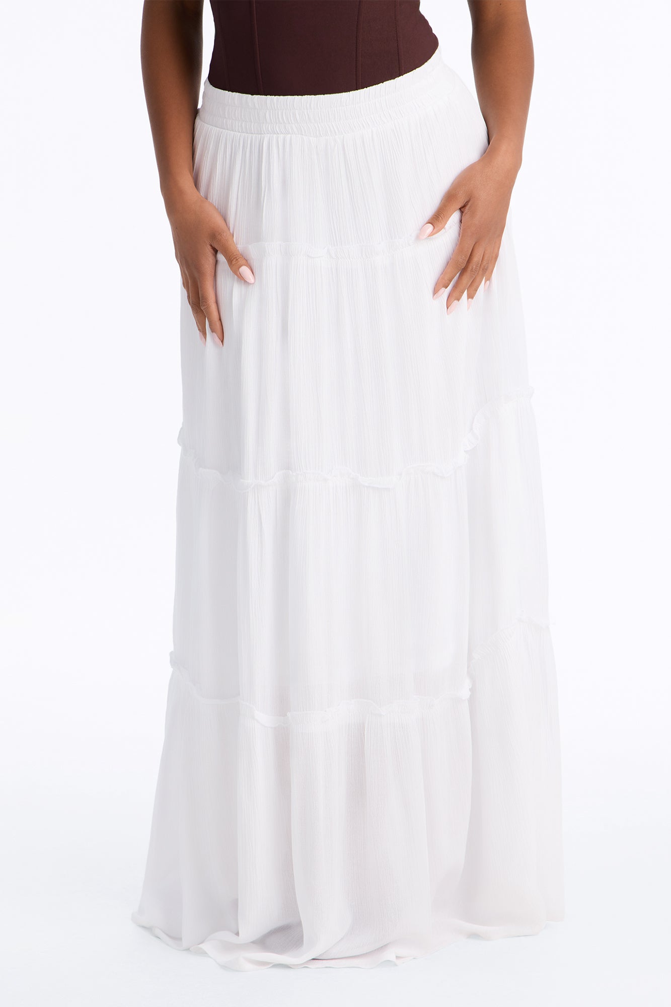 Holly Mid Rise Tiered Maxi Skirt - White
