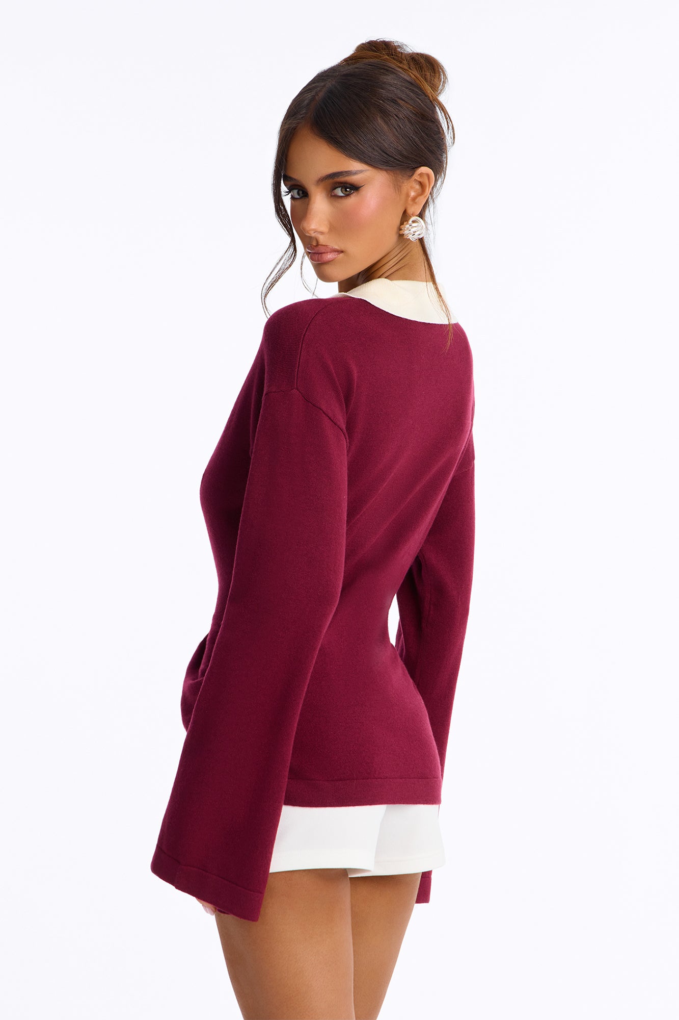 Emma Cinched Waist Polo Sweater - Burgundy