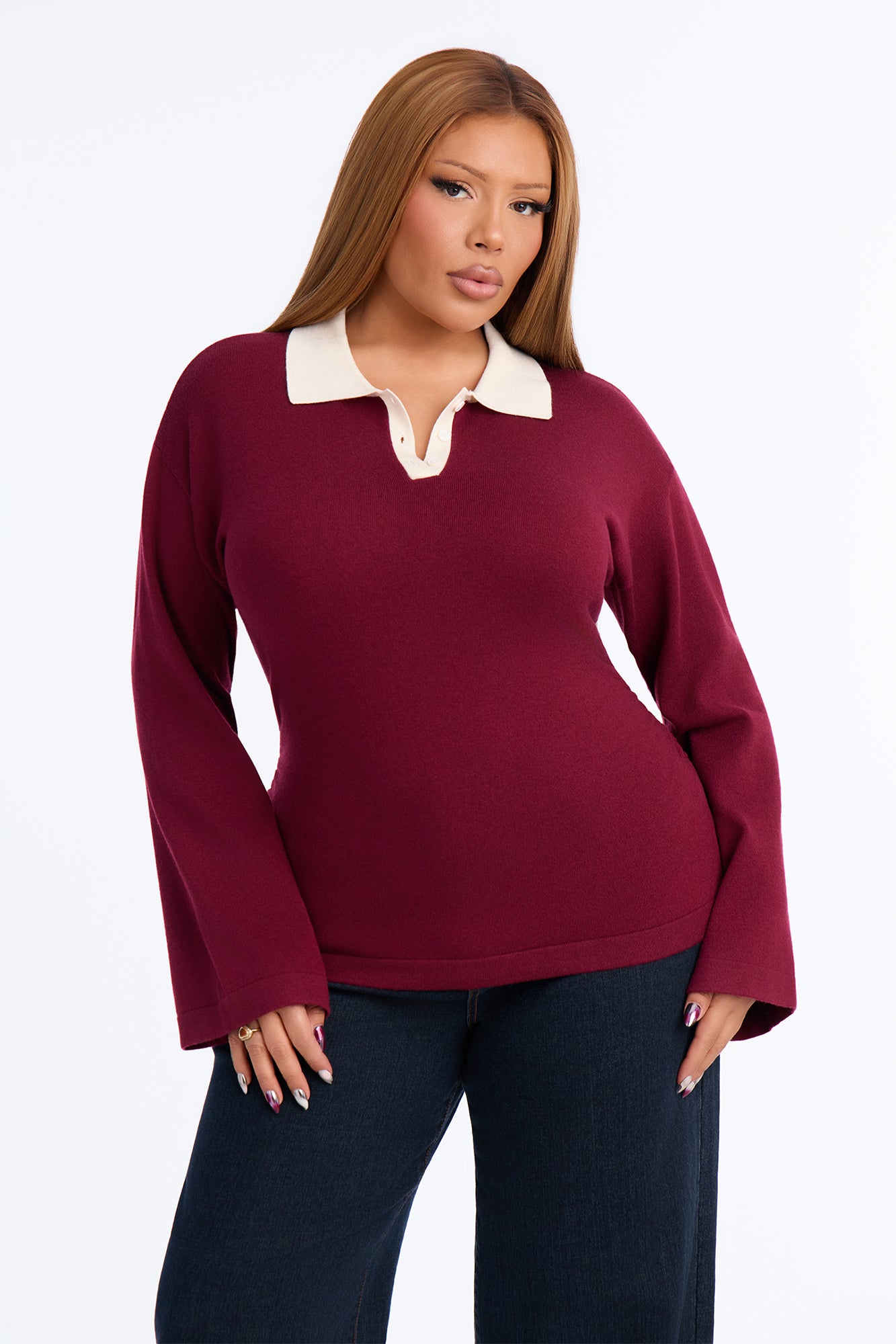 Emma Cinched Waist Polo Sweater - Burgundy