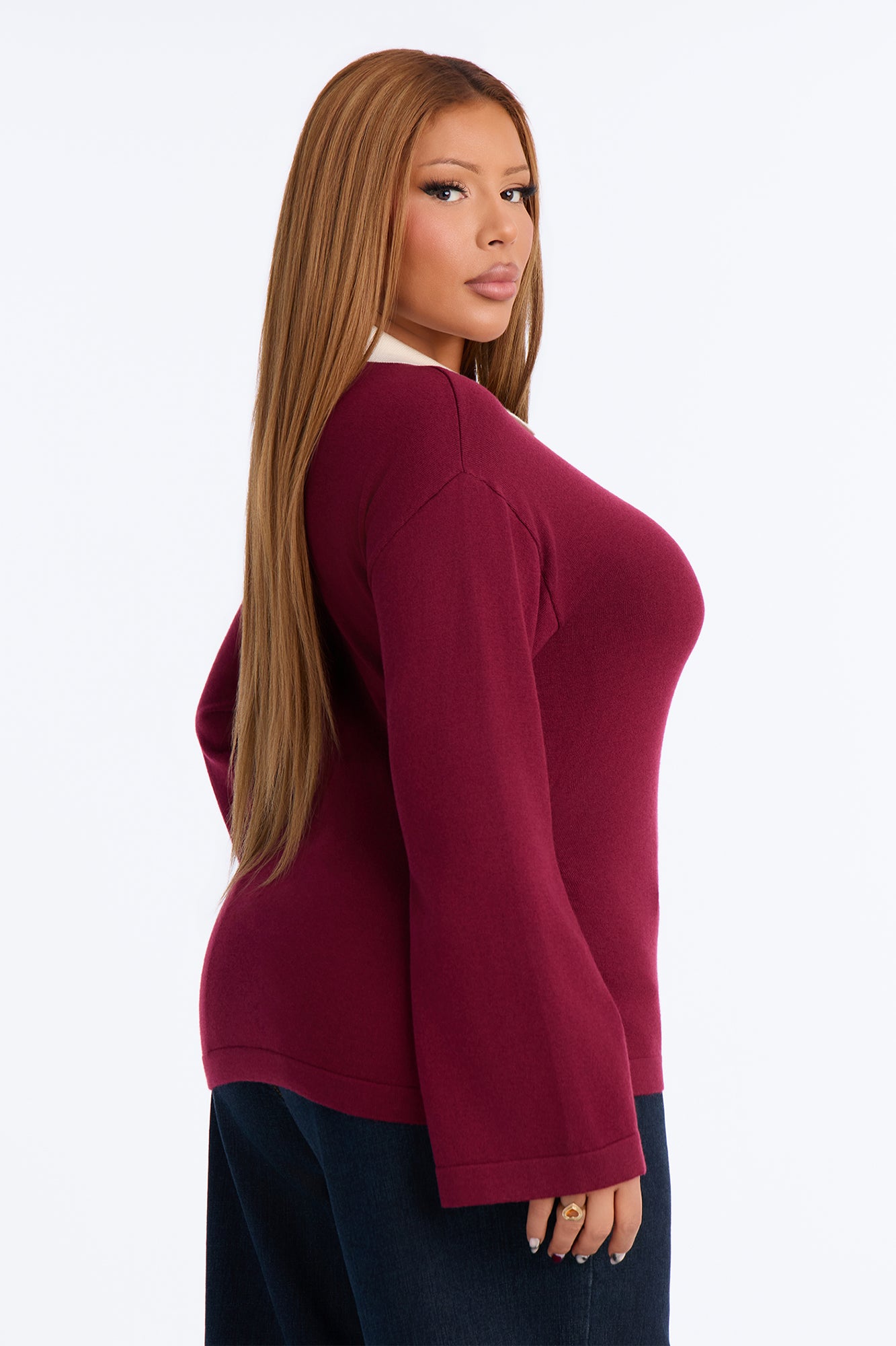 Emma Cinched Waist Polo Sweater - Burgundy