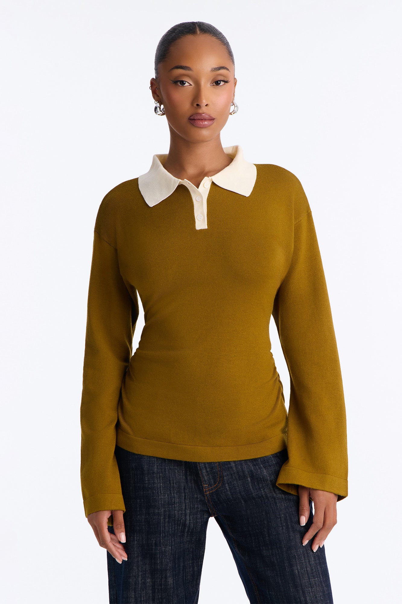 Emma Cinched Waist Polo Sweater - Olive