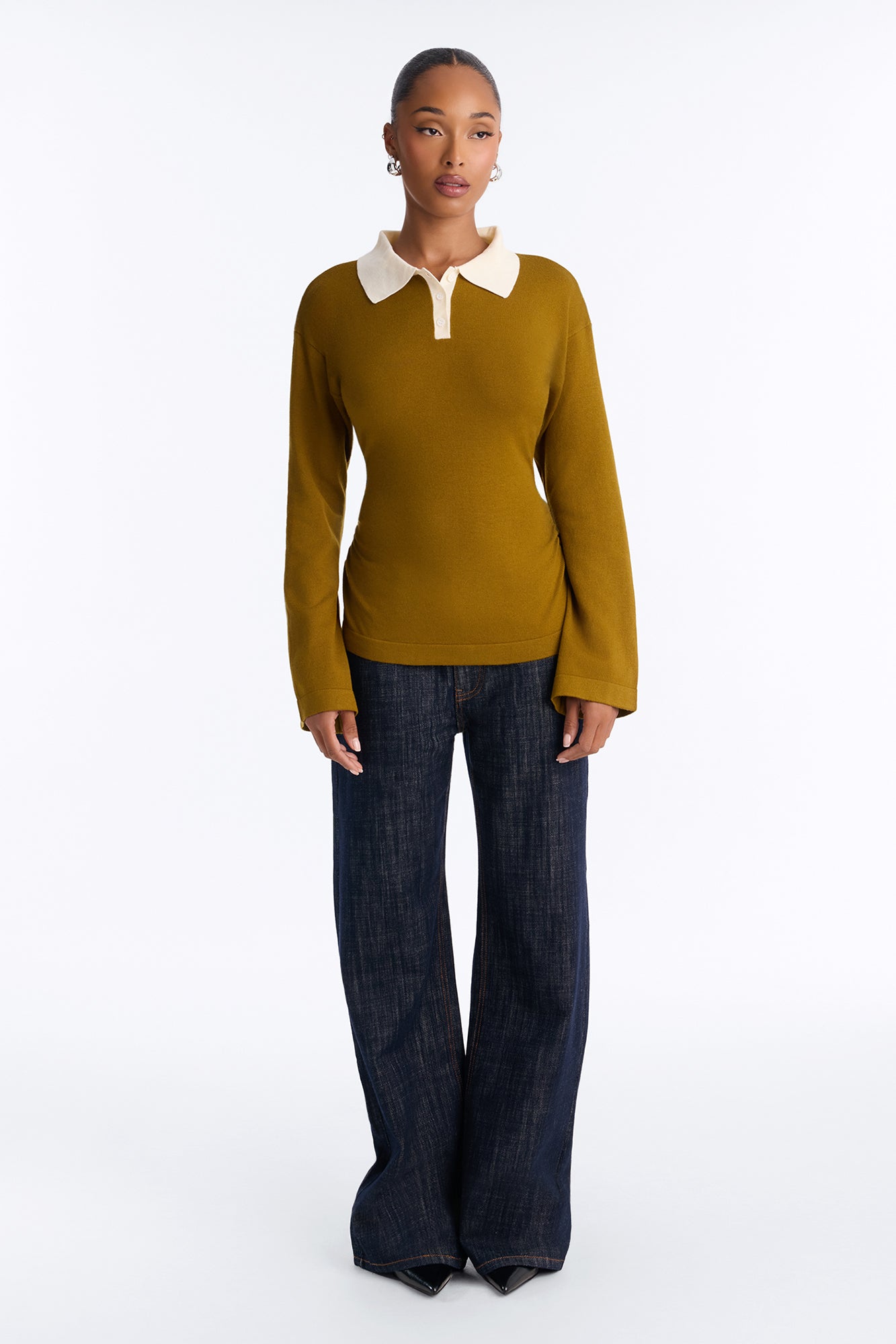Emma Cinched Waist Polo Sweater - Olive