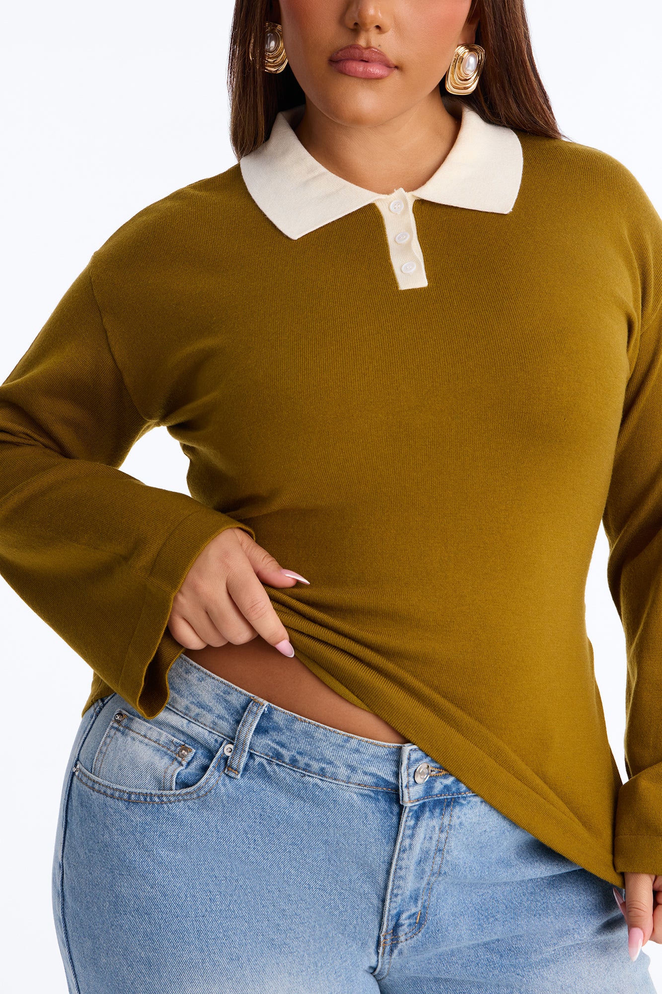 Emma Cinched Waist Polo Sweater - Olive