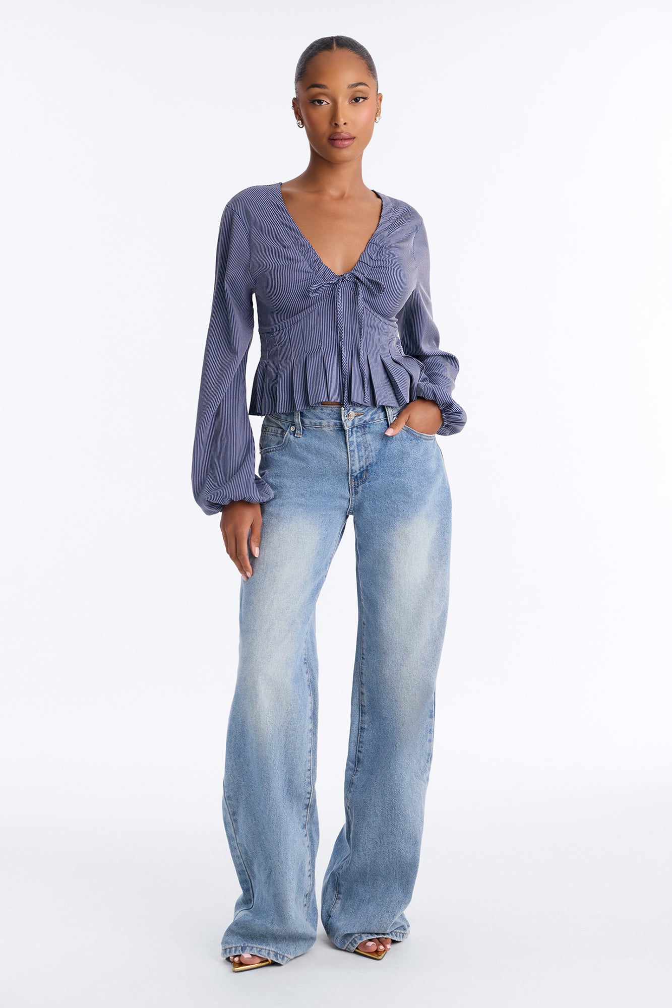 Arielle Tie Long Sleeve Top - Navy/combo