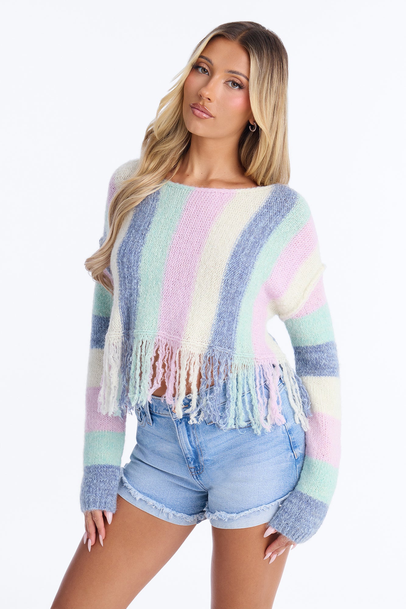 Hallie Off Shoulder Long Sleeve Fringe Sweater - MultiColor