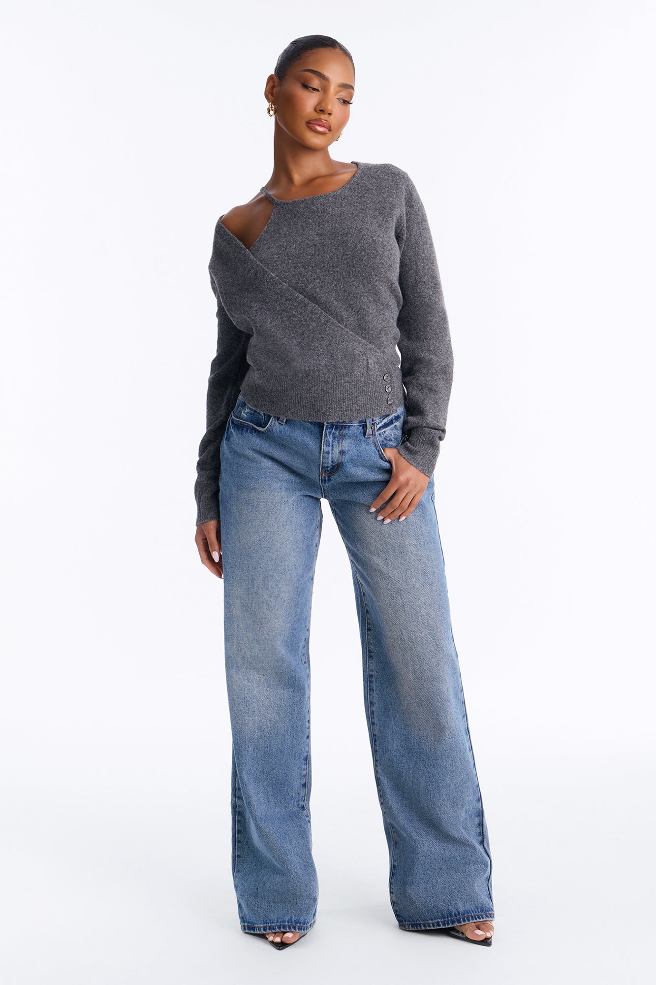 Naya Long Sleeve Button Sweater - Charcoal