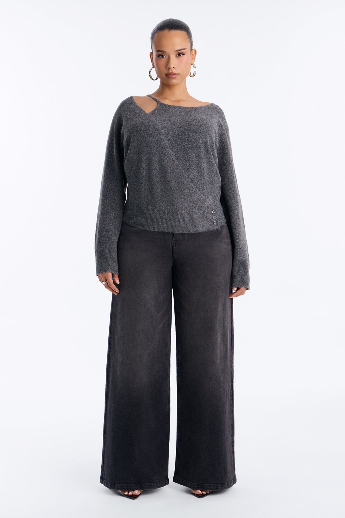 Naya Long Sleeve Button Sweater - Charcoal