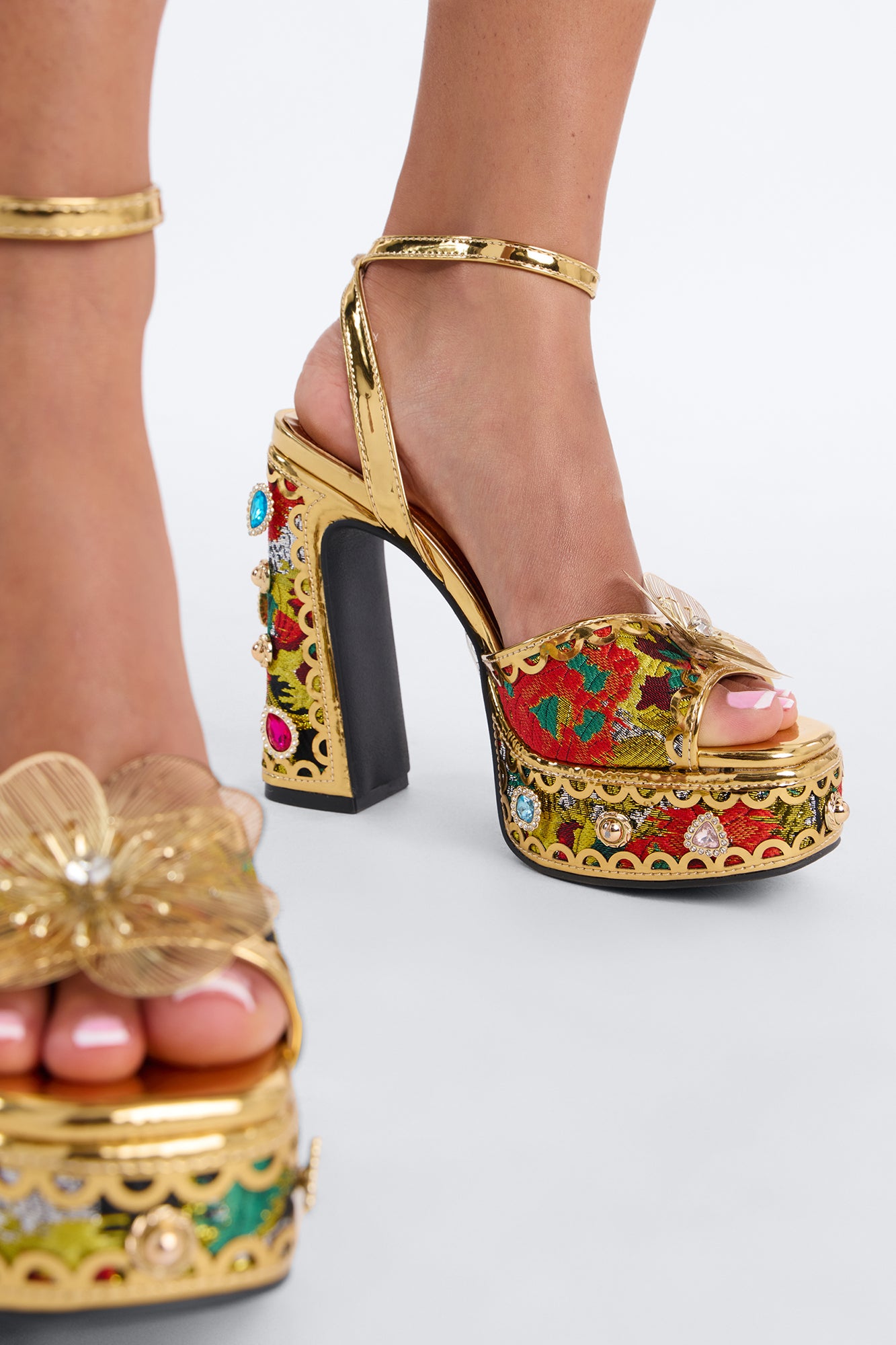 Impress Embellished Platform Heels - Gold/Red