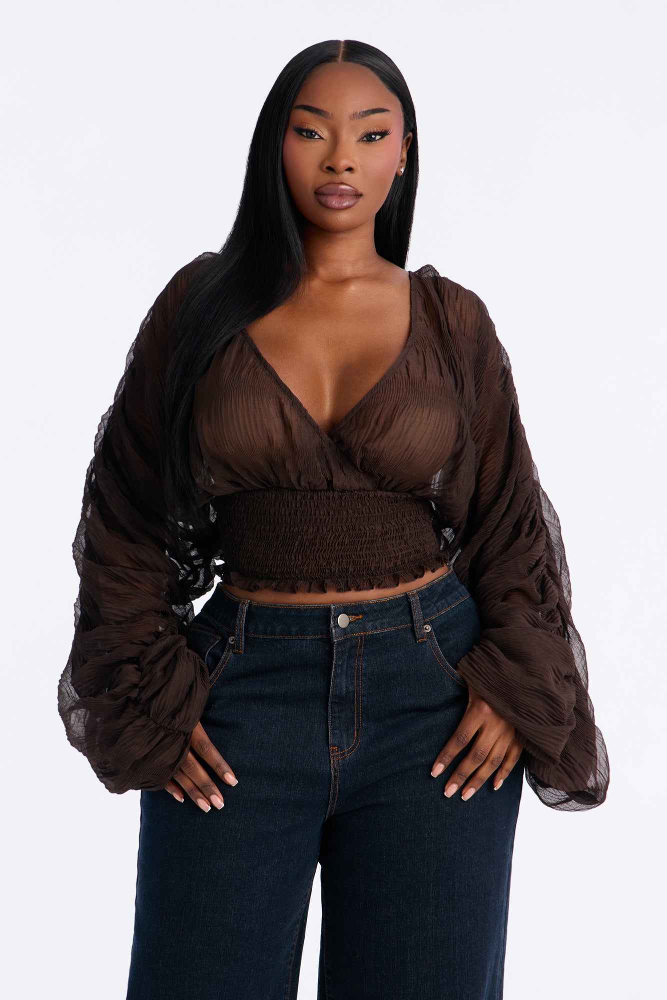 Keep Dreaming Surplice Gauze Long Sleeve Blouse - Chocolate