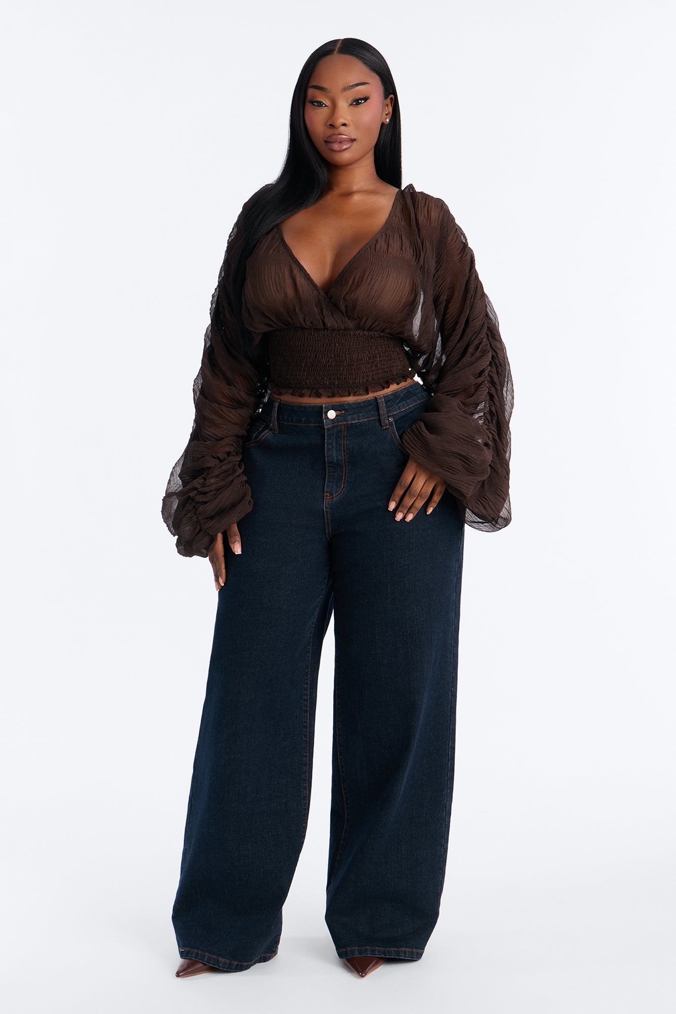 Keep Dreaming Surplice Gauze Long Sleeve Blouse - Chocolate