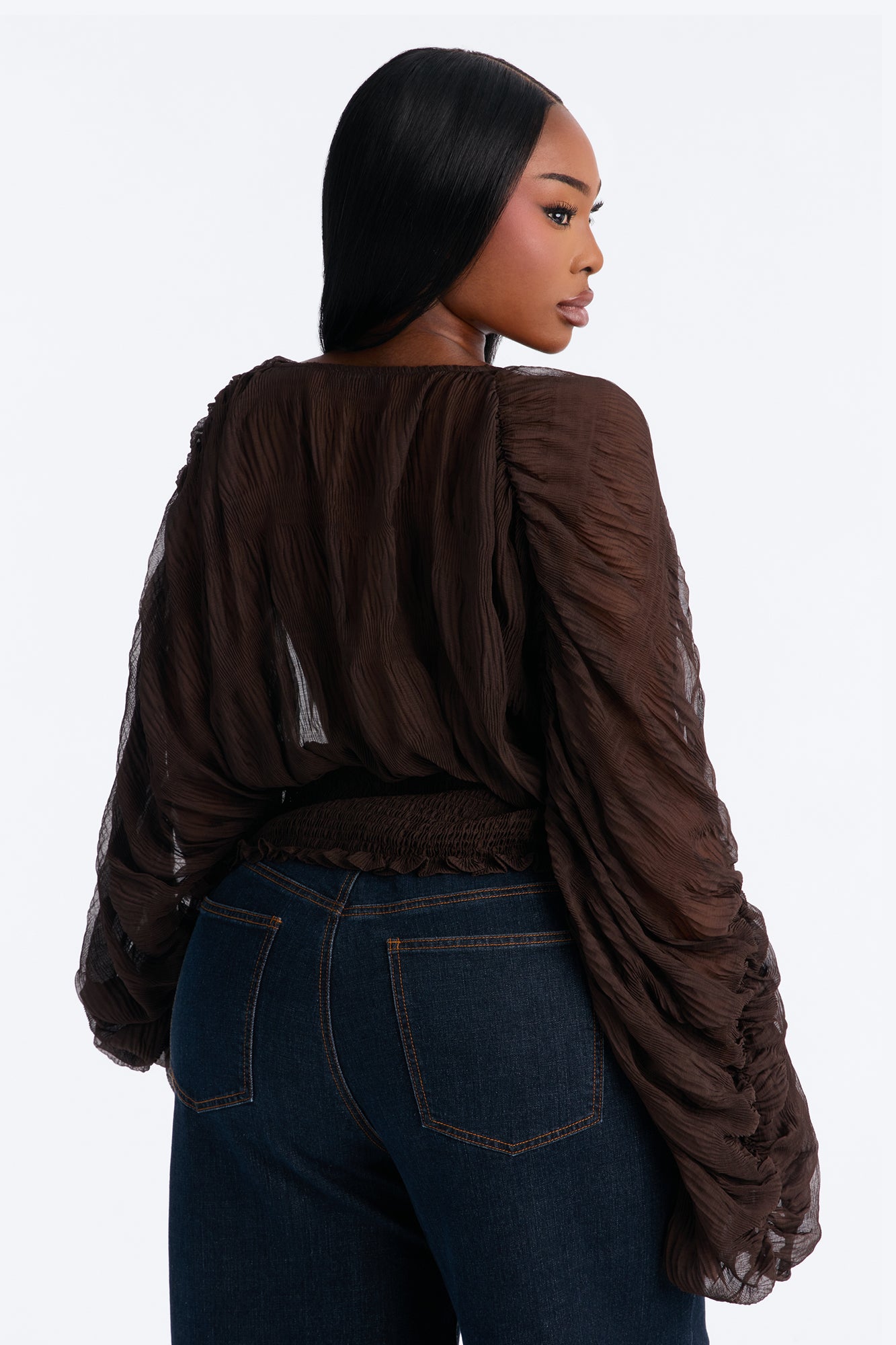 Keep Dreaming Surplice Gauze Long Sleeve Blouse - Chocolate