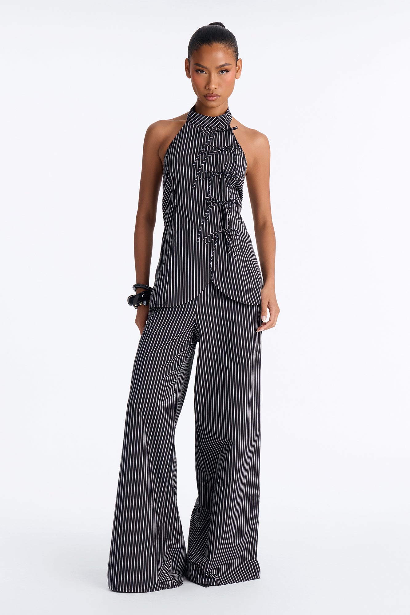 Mariyah Striped Tie Front Pant Set - Black/White