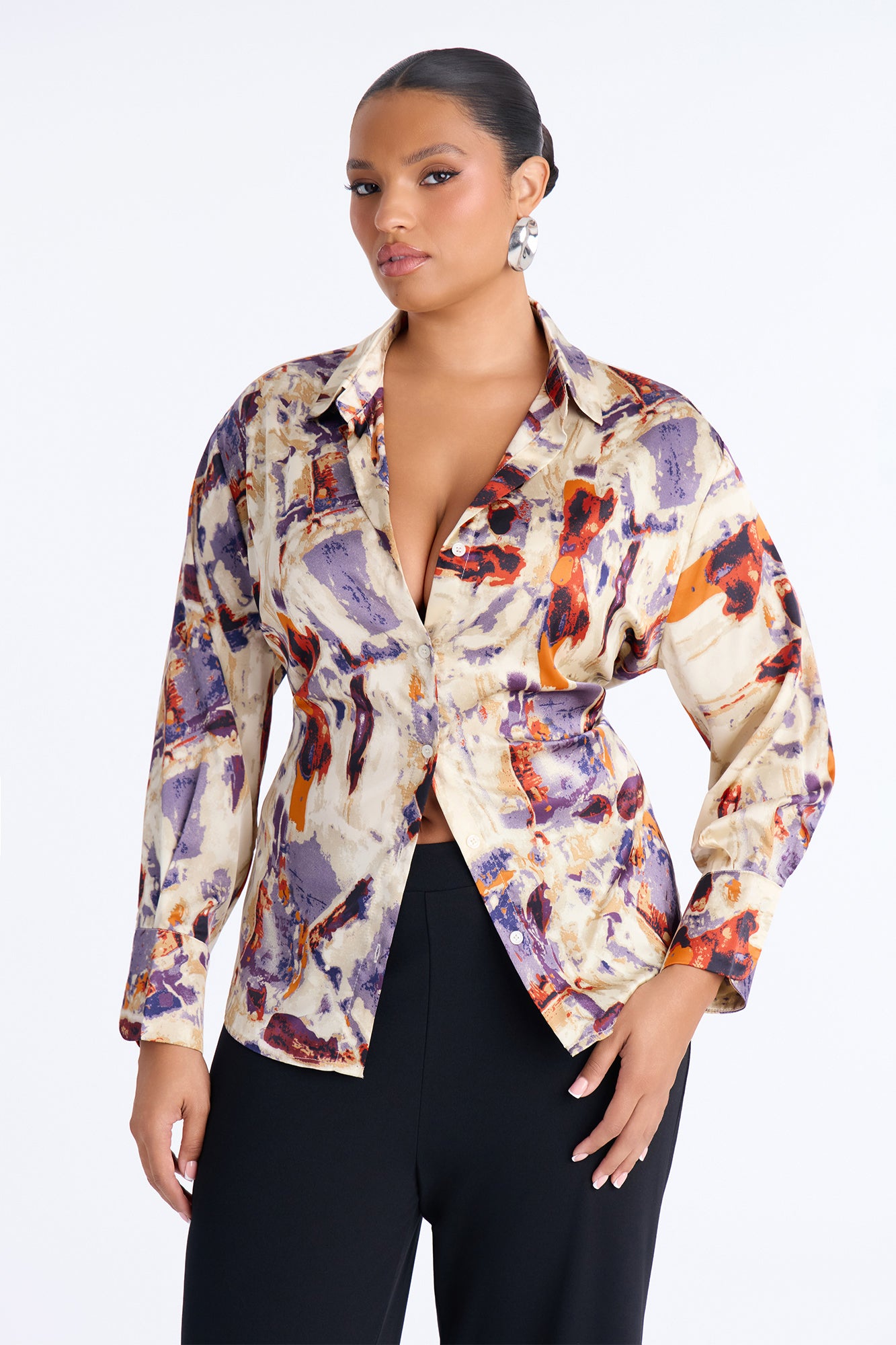 Office Duties Satin Shirt - Purple/combo