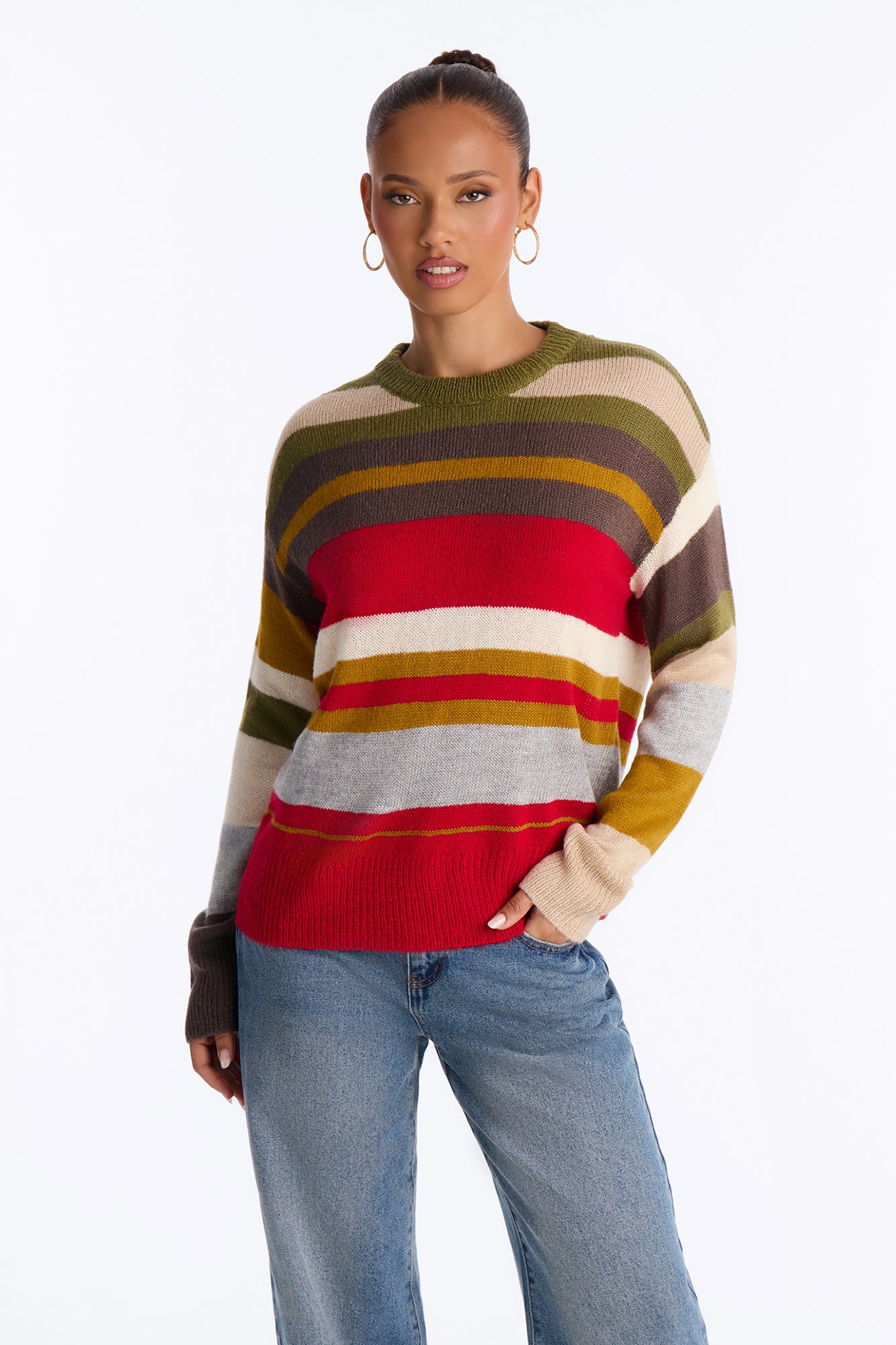Karlie Striped Pullover Sweater - Red/combo