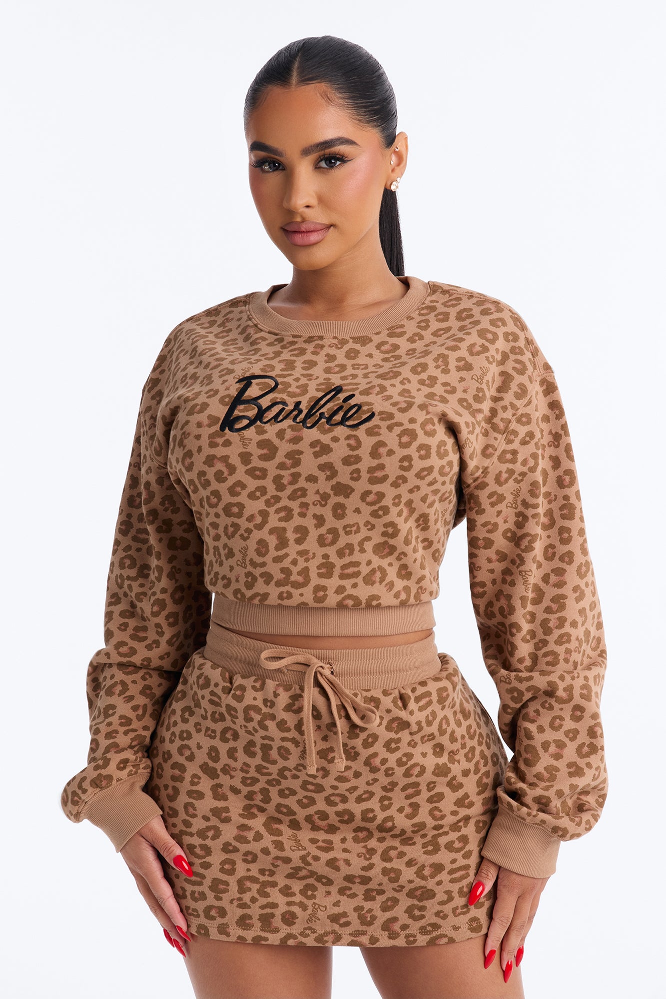 Barbie Leopard Print Crew Sweatshirt With Embroidery - LightBrown