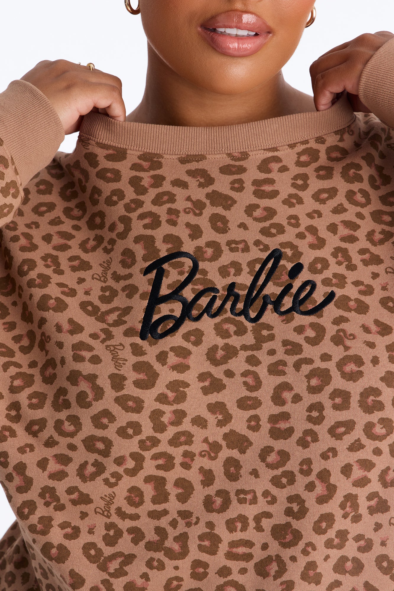 Barbie Leopard Print Crew Sweatshirt With Embroidery - LightBrown